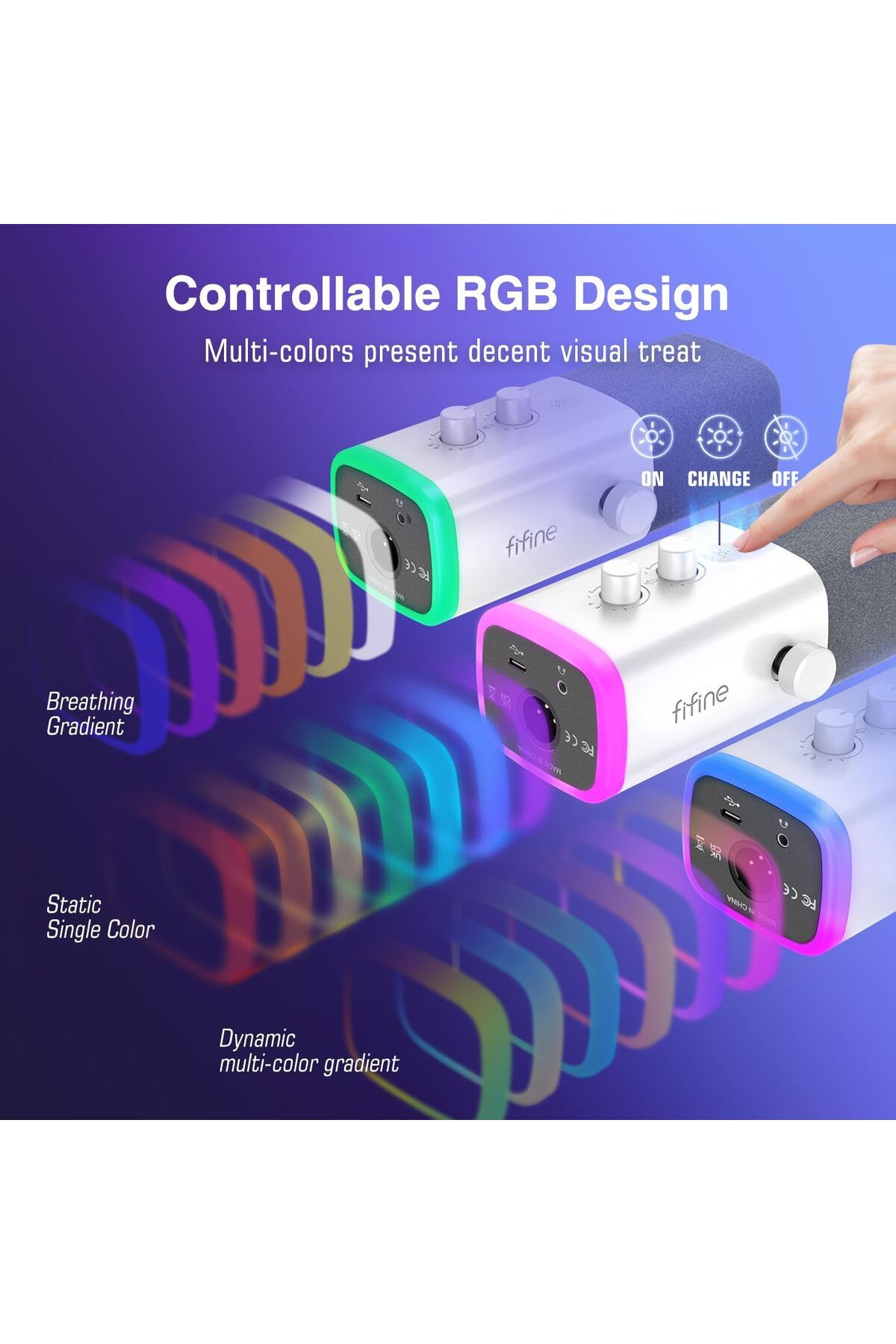 Fifine-ميكروفون ألعاب XLR/USB لبث البودكاست، ميكروفون RGB للكمبيوتر الشخصي، مع مقبض كسب، كتم الصوت 7