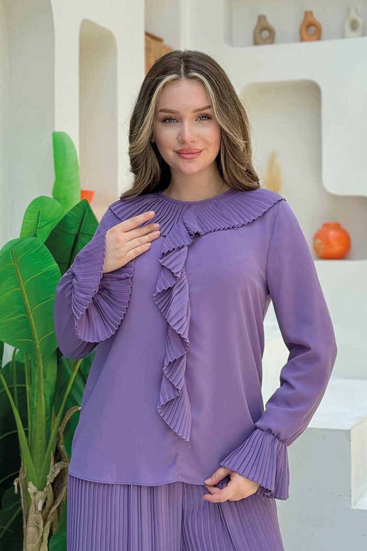 BYM Fırfır Pilise Detaylı Kısa Bluz 5293 Lila