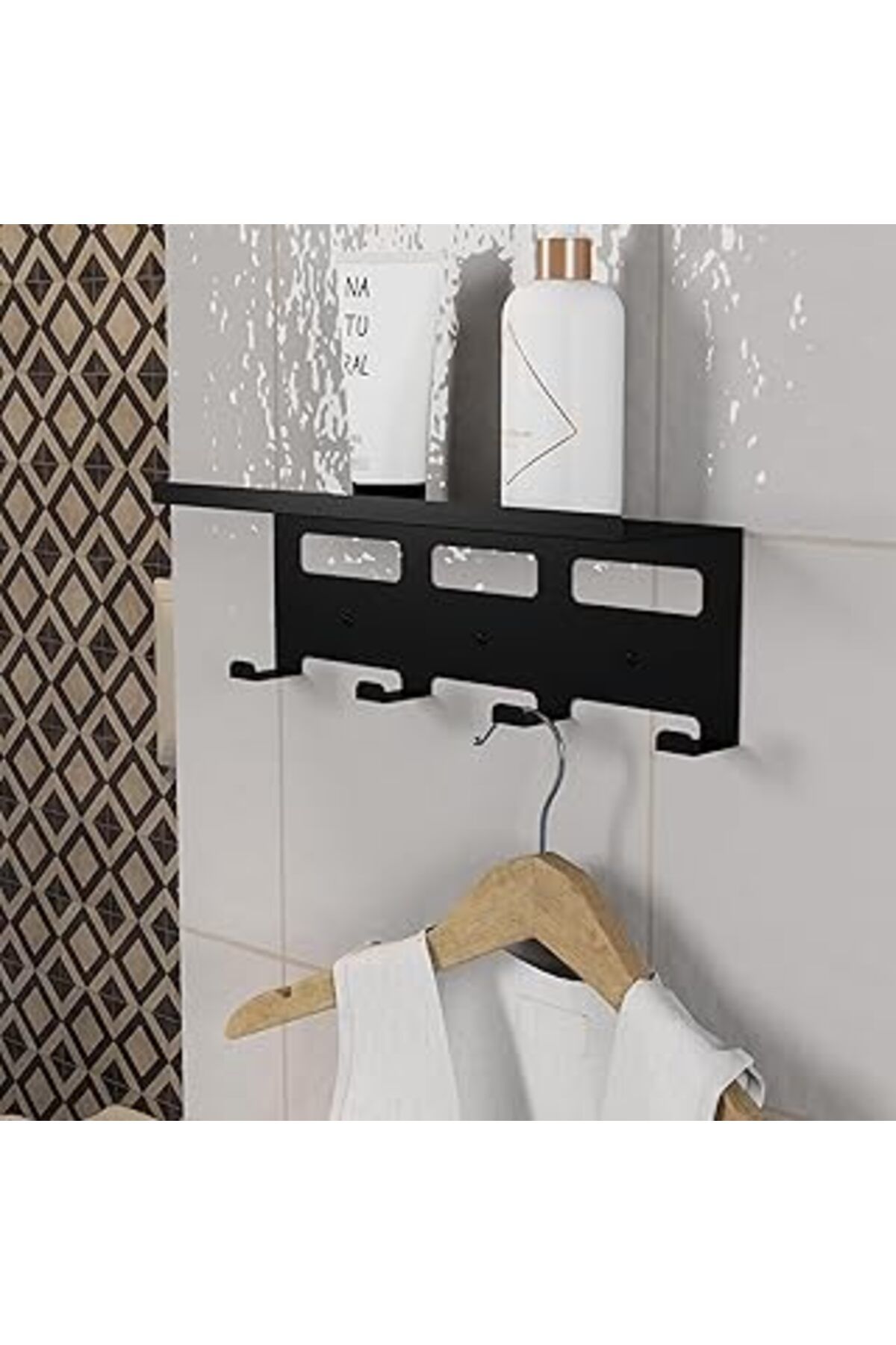 Roses Store Siyah Metal Duvar Rafı Ve Askılık - Çok Amaçlı Askı Aparatatı - Banyo, Mutfak, Giyinme Odası, Kiler
