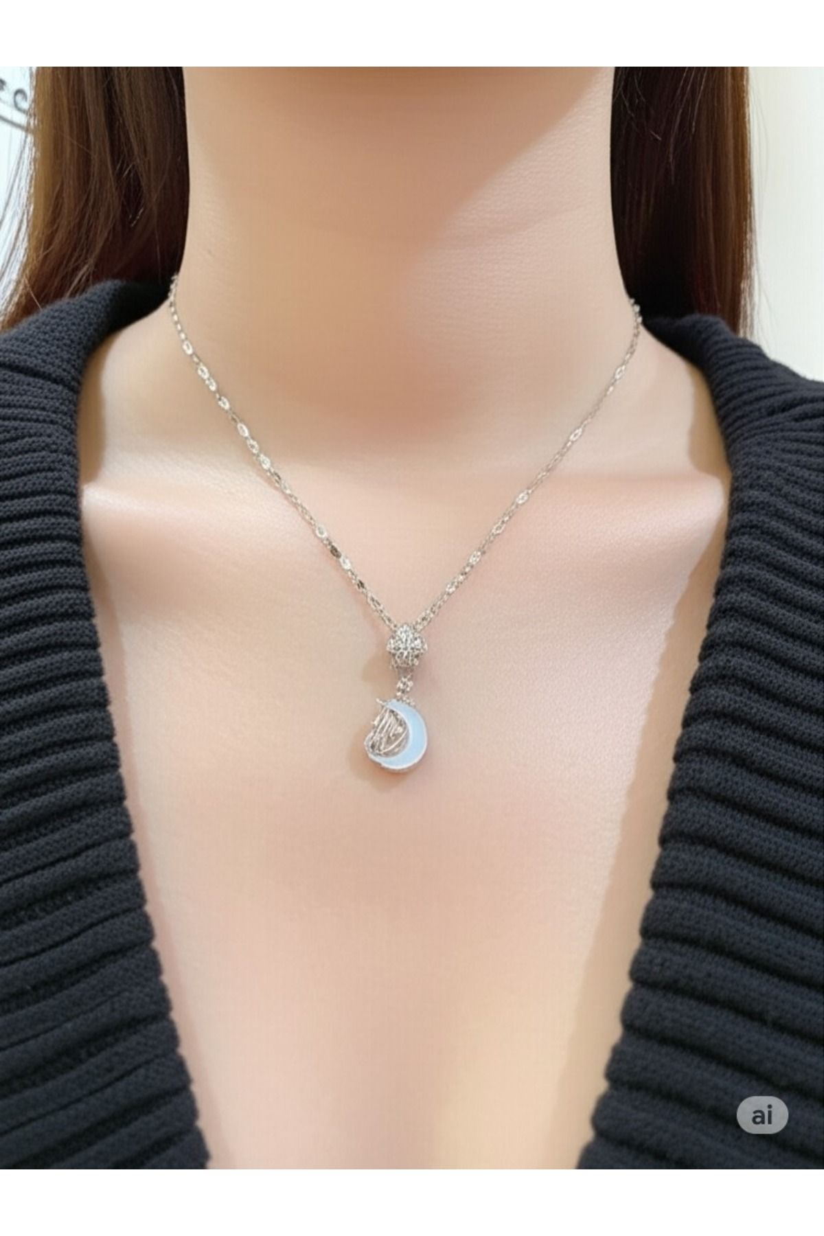 FAMEMUS ACCESSORY Ay Figürlü Fantastik Kolye Çelik Silver Kolye 45cm