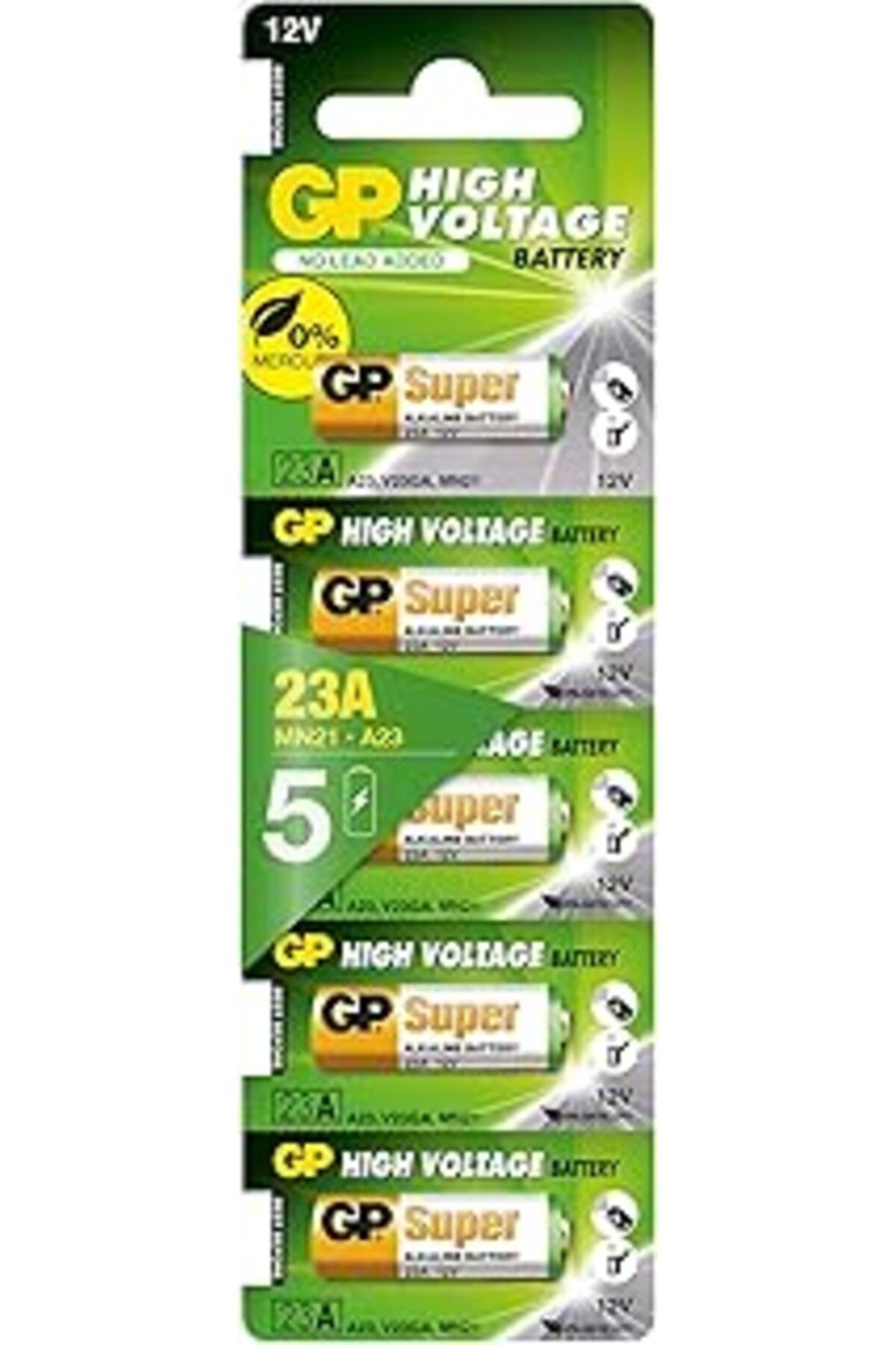 Roses Store Gp Batteries Gp23A Süper Alkalin 23A/Mn21/V23Ga Boy Pil, 12 Volt, 5'Li Kart, Bakır/Beyaz/Yeşil