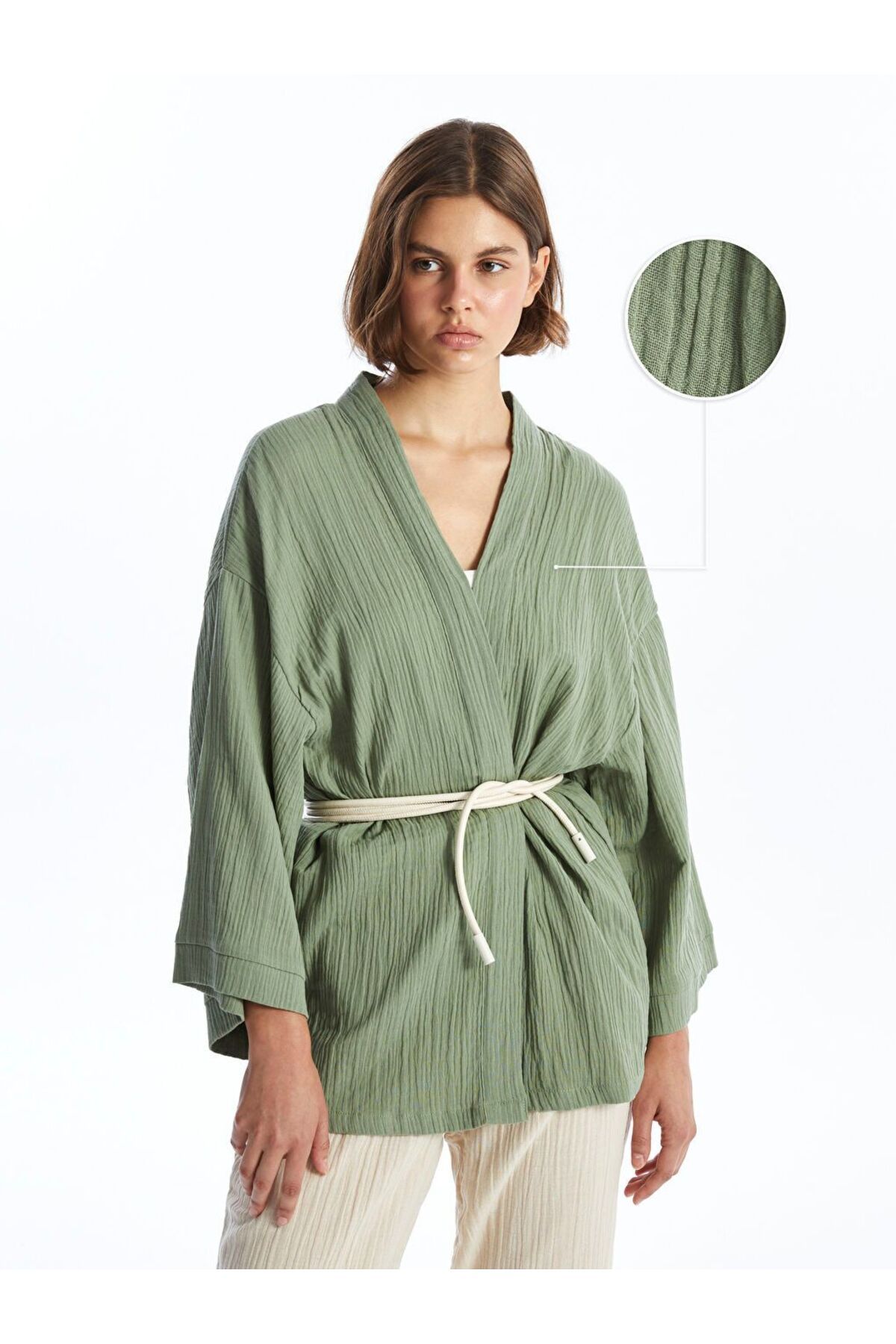 Haki Şal Yaka Kadın Kimono