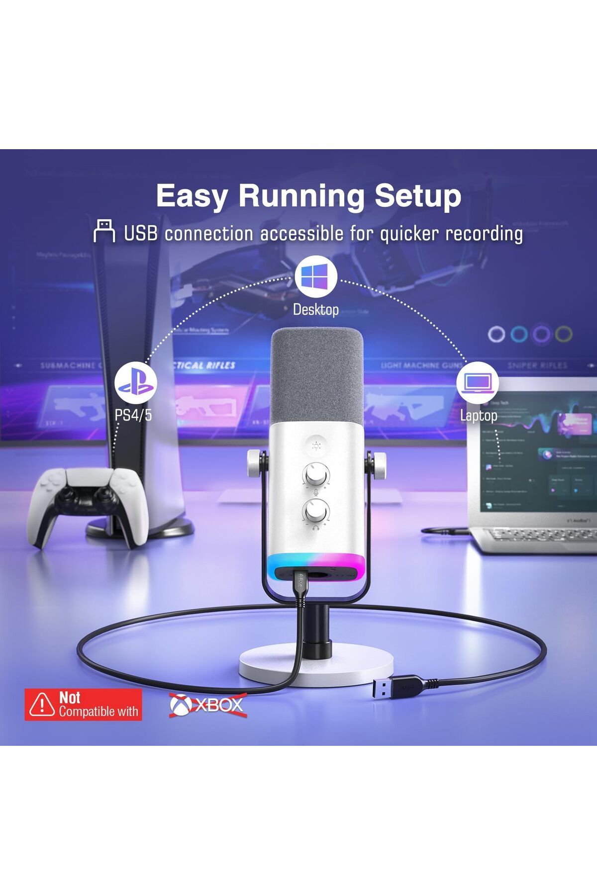 Fifine-ميكروفون ألعاب XLR/USB لبث البودكاست، ميكروفون RGB للكمبيوتر الشخصي، مع مقبض كسب، كتم الصوت 5