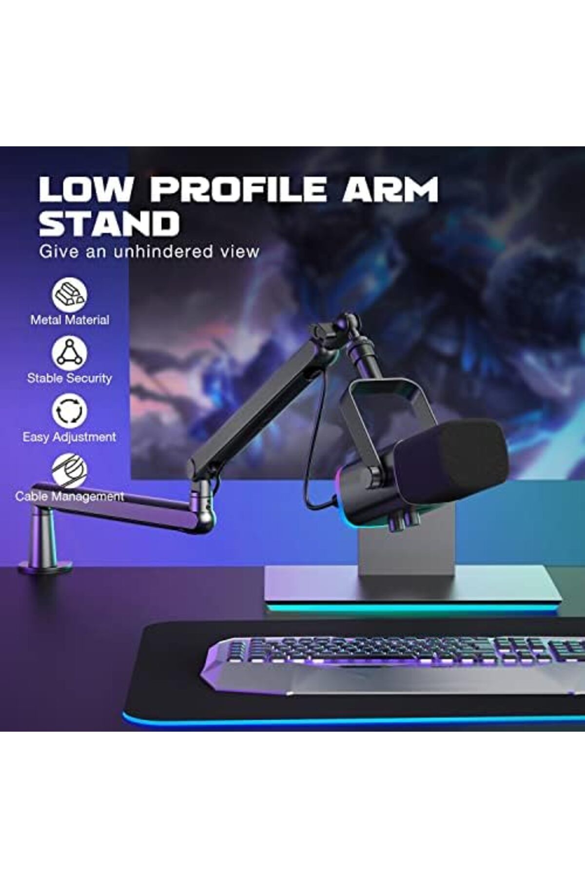 Fifine-Microphone Boom Arm, Low Profile Adjustable Stick Microphone Arm Stand with Desk Mount Clamp, 4
