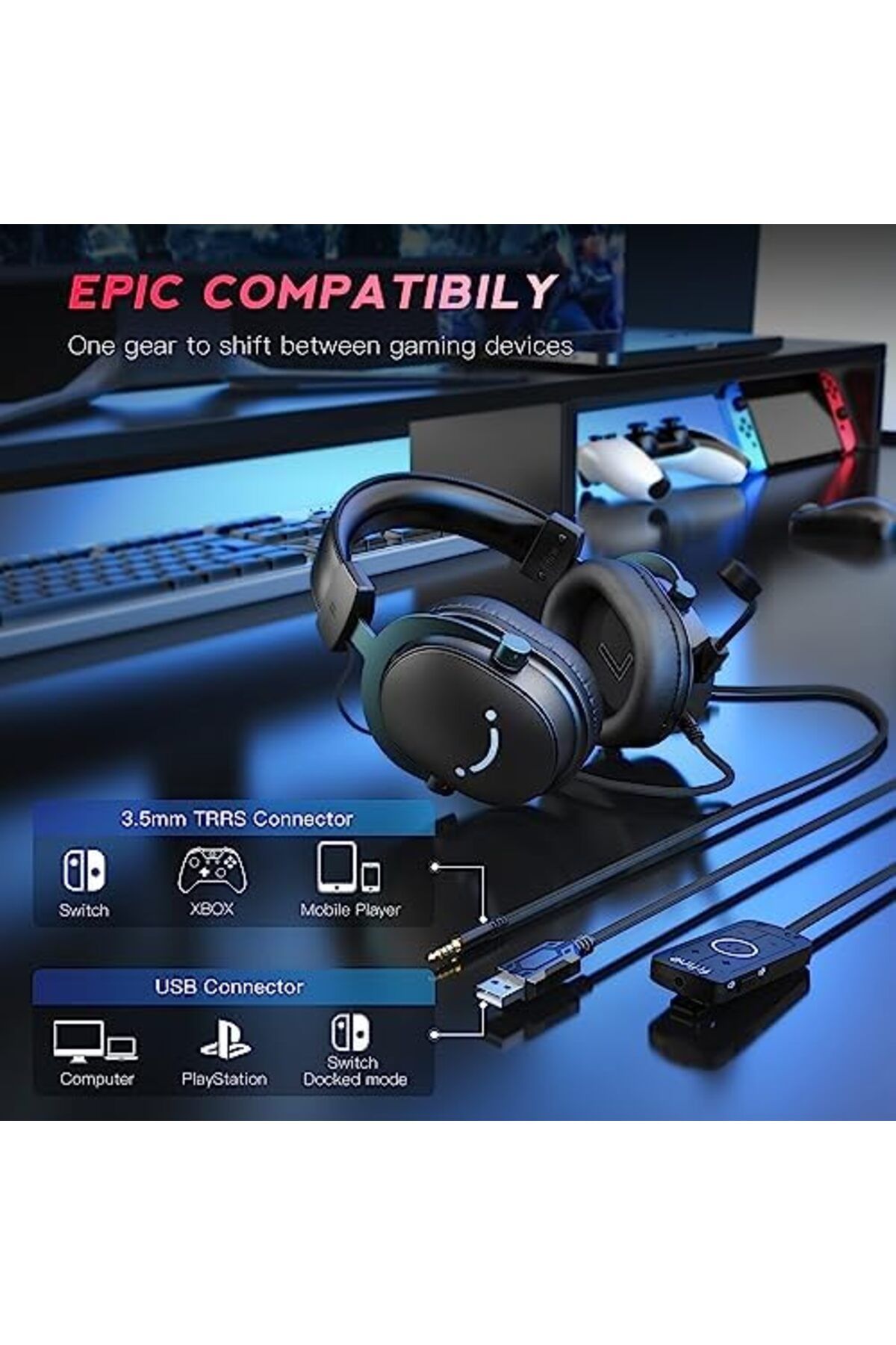 Fifine-PC Gaming Headset, USB Headset with 7.1 Surround Sound, Detachable Microphone, Control Box, 3 4