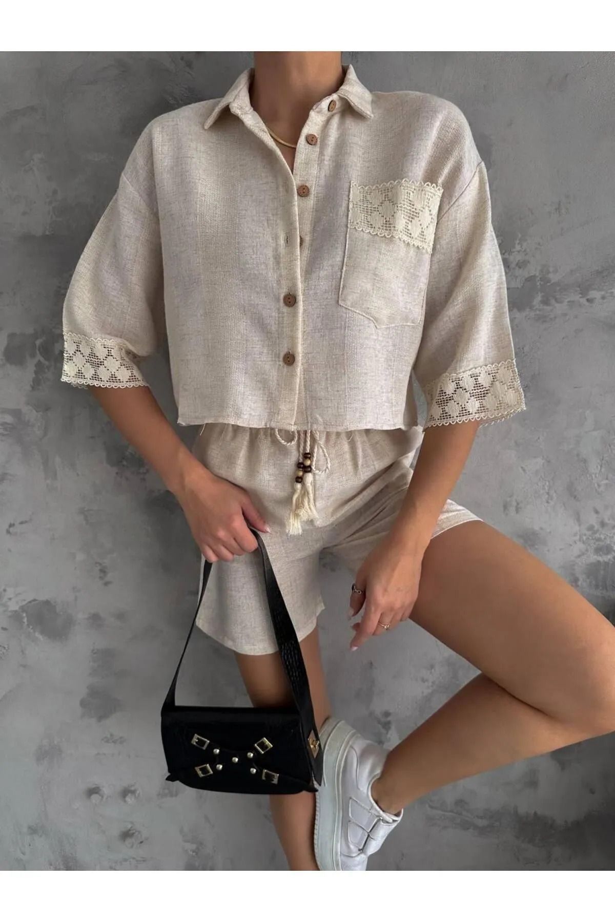 Esma Style Kadın Dantel Detaylı Keten Gömlek