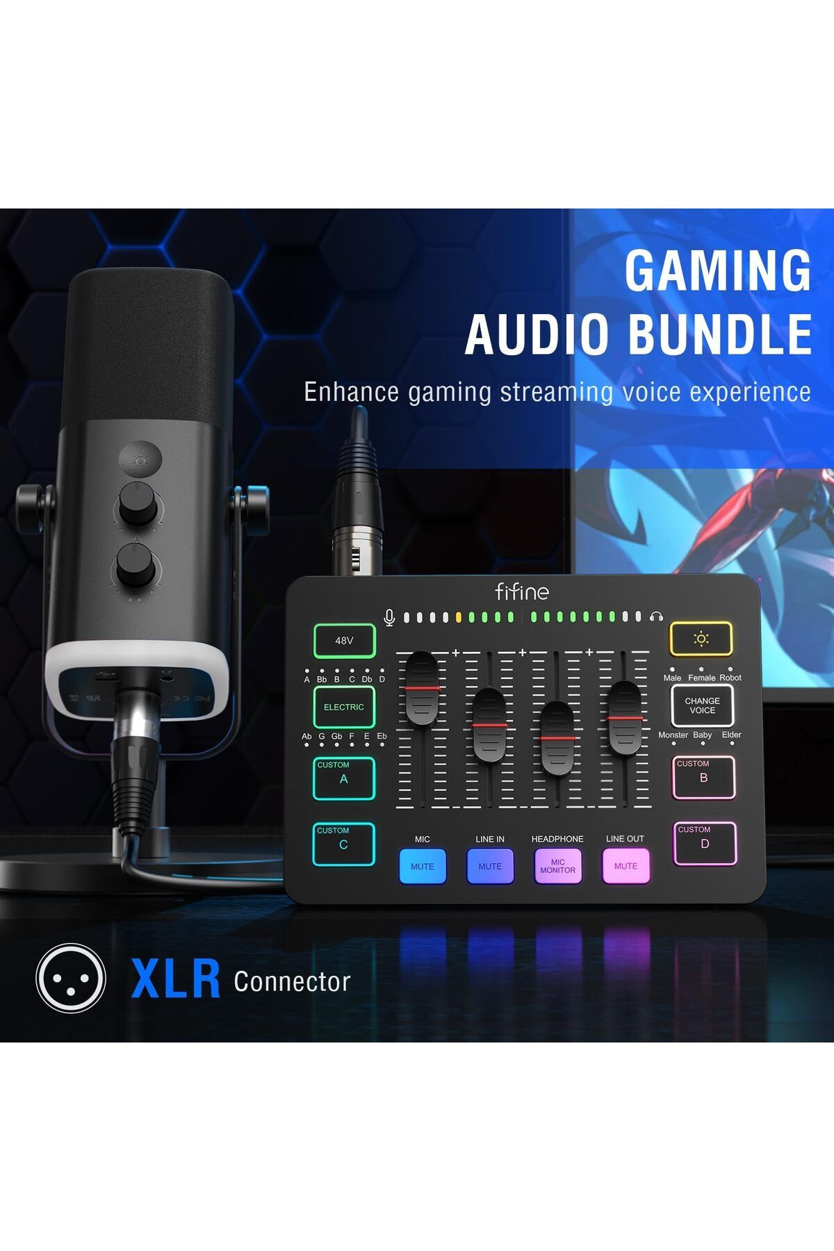 Fifine-Gaming Equipment Bundle, Dynamic XLR/USB Gaming Microphone Set with Streaming Audio Mixer for 3