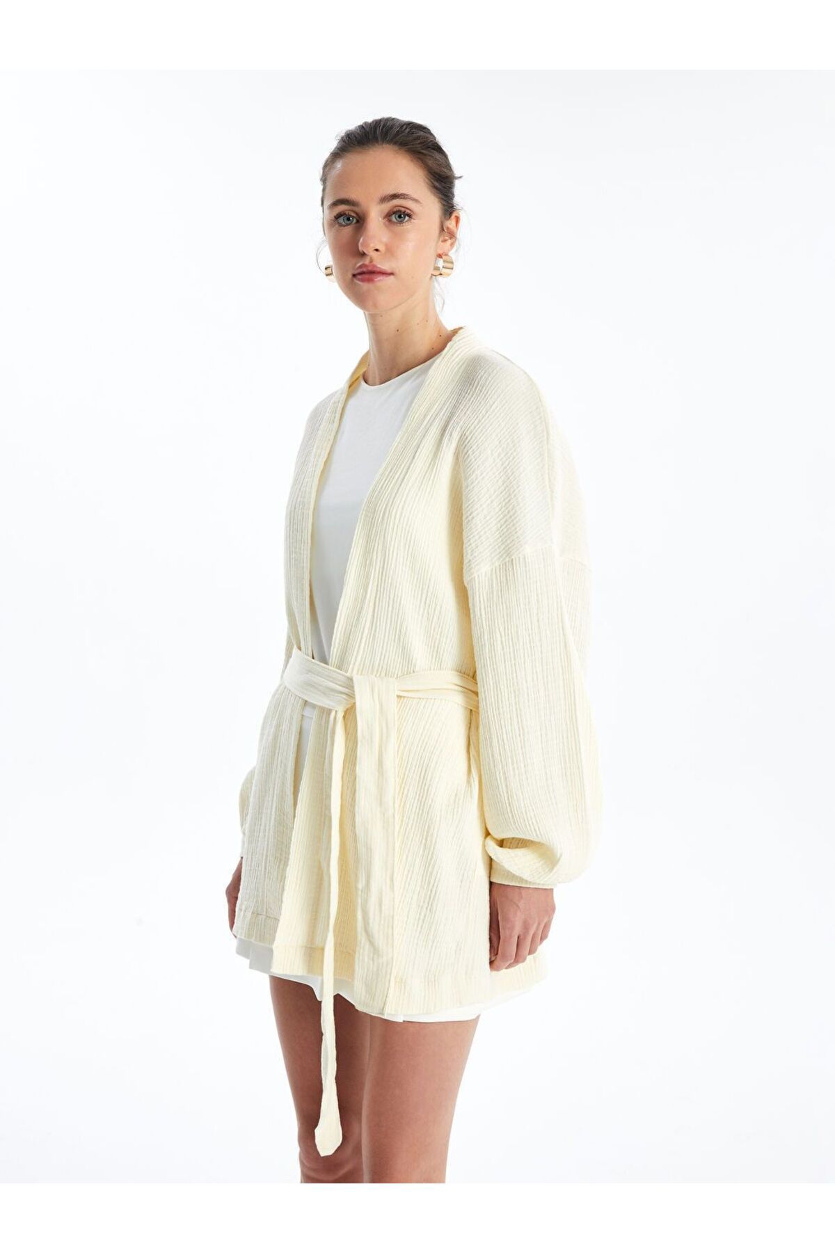 LC Waikiki Bej Şal Yaka Düz Uzun Kollu Oversize Kadın Kimono