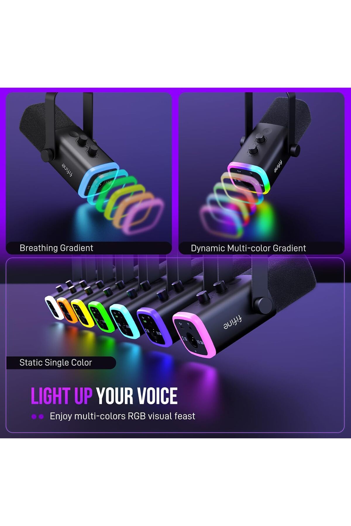 Fifine-XLR/USB Gaming Microphone Set, Dynamic PC Mic for Streaming Podcasting, Computer RGB Mic Kit 8