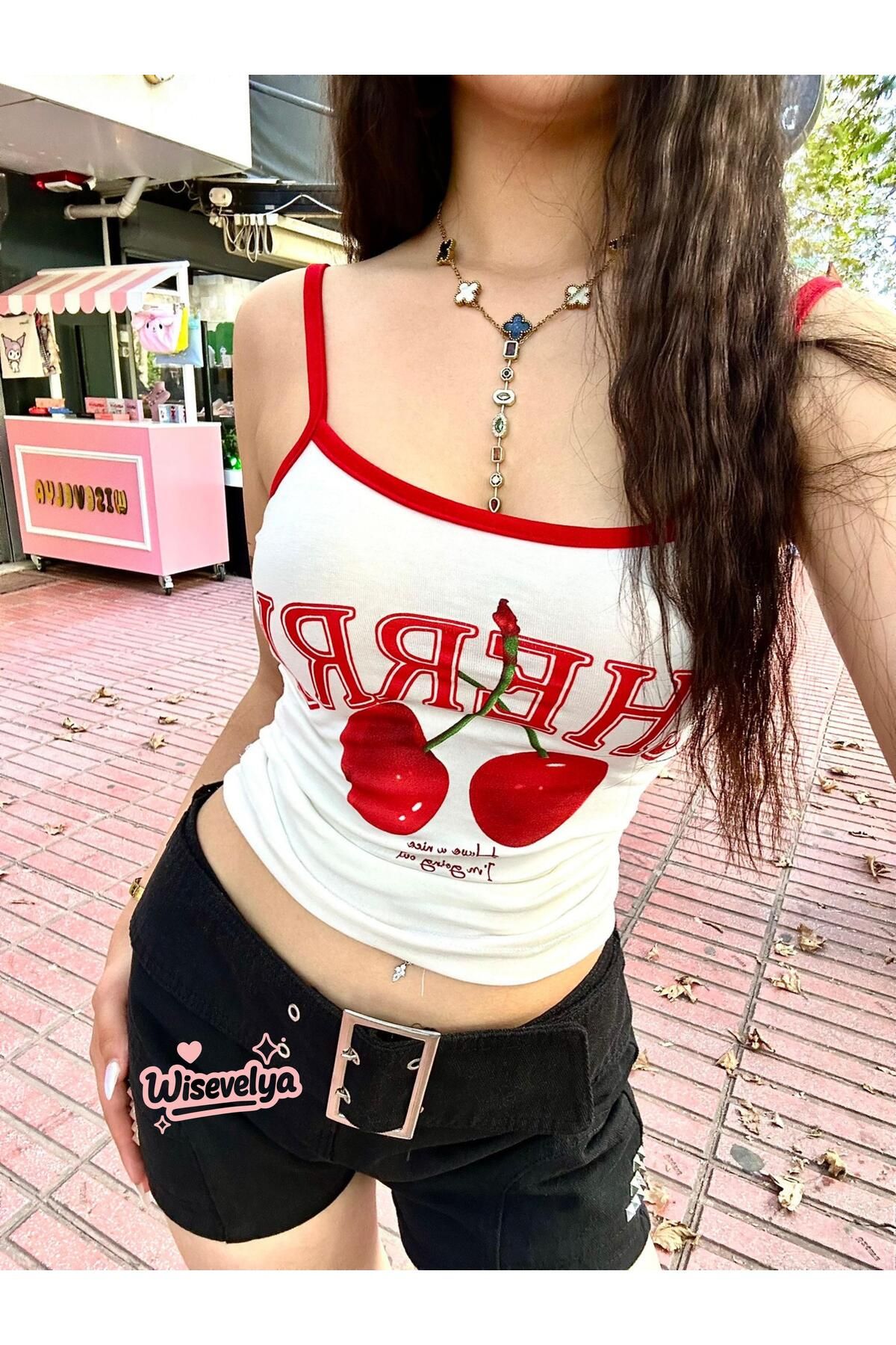 Wisevelya Beyaz Cherry Bomb Y2K Kırmızı Askılı Crop