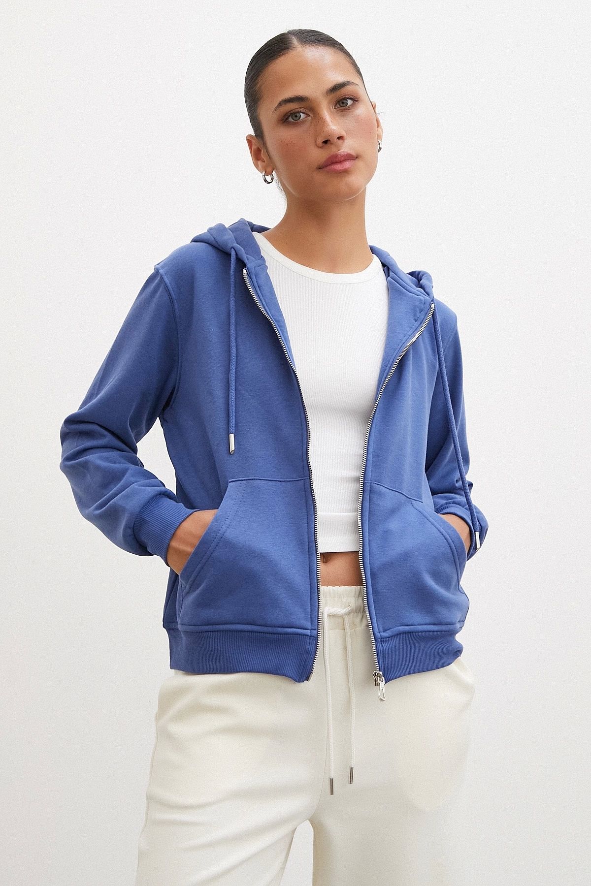 TRENDQUEL Fermuarlı Kapşonlu Sweatshirt Mavi