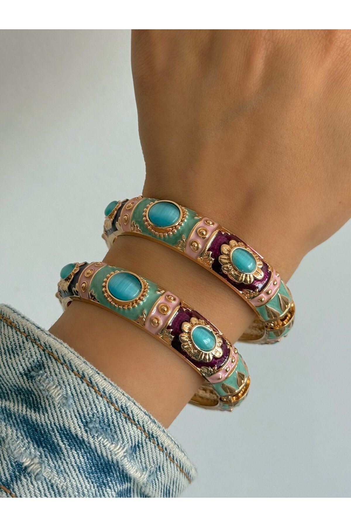 h&b design jewel Çelik Renkli Mineli Kelepçe Bileklik