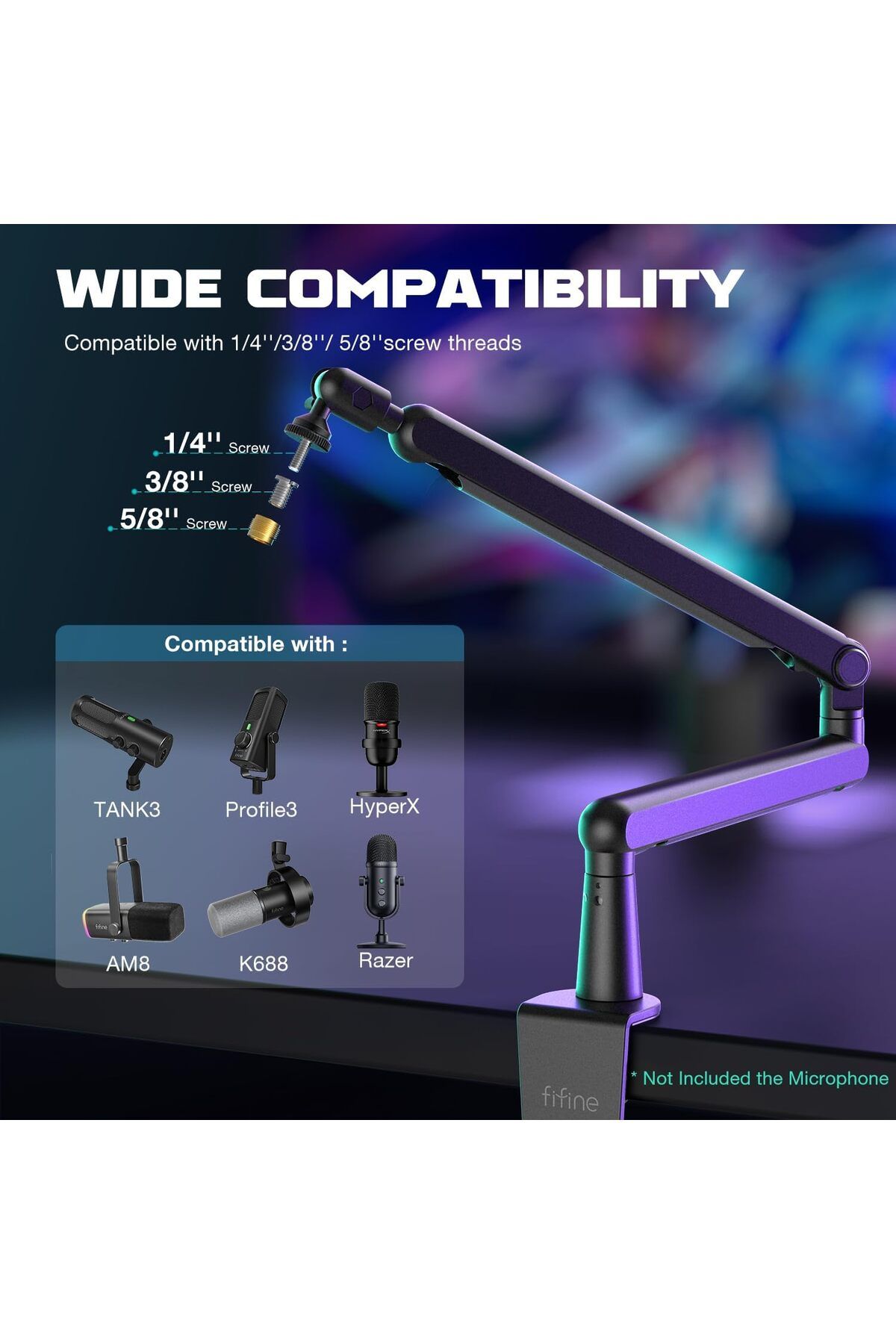 Fifine-Microphone Boom Arm, Low Profile Adjustable Stick Microphone Arm Stand with Desk Mount Clamp, 7