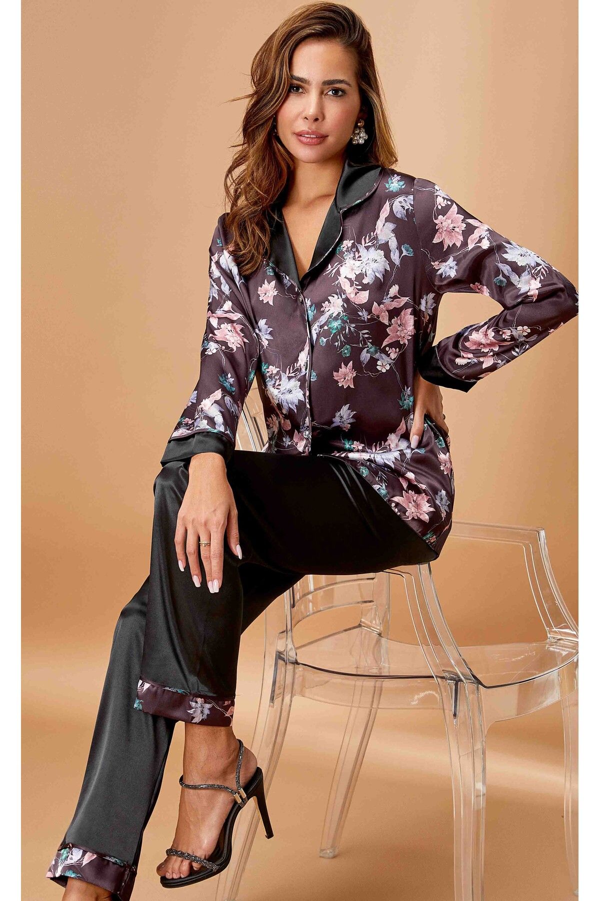 Nurteks Intimo Donna Serena İpeksi Saten Baskılı Battal Büyük Beden Pijama Takım