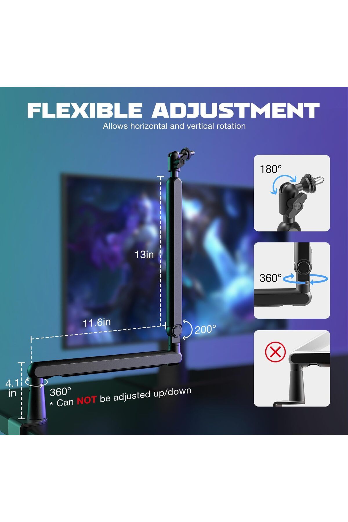 Fifine-Microphone Boom Arm, Low Profile Adjustable Stick Microphone Arm Stand with Desk Mount Clamp, 9