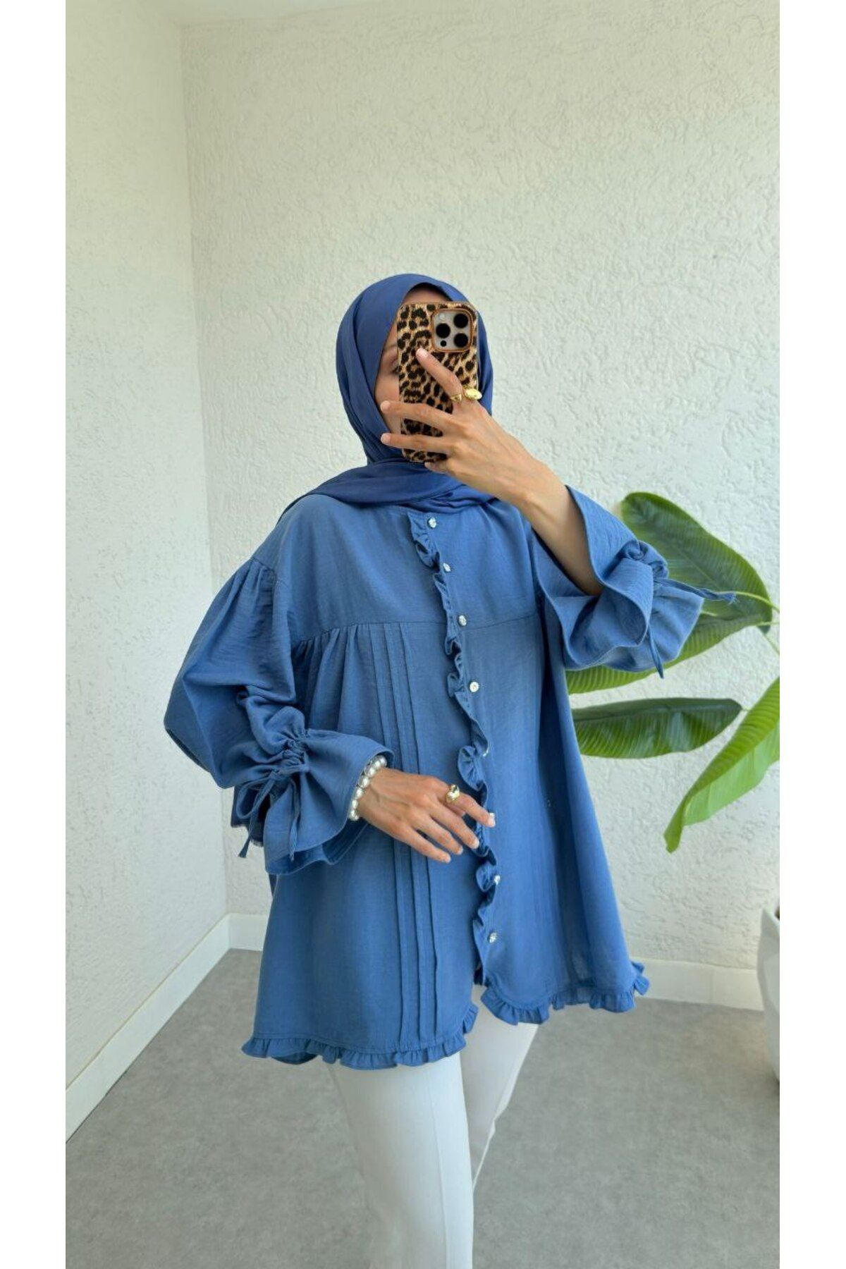 BisuModa KOLARI FIRFIR VE BAĞLAMA DETAYLI KETEN GÖMLEK