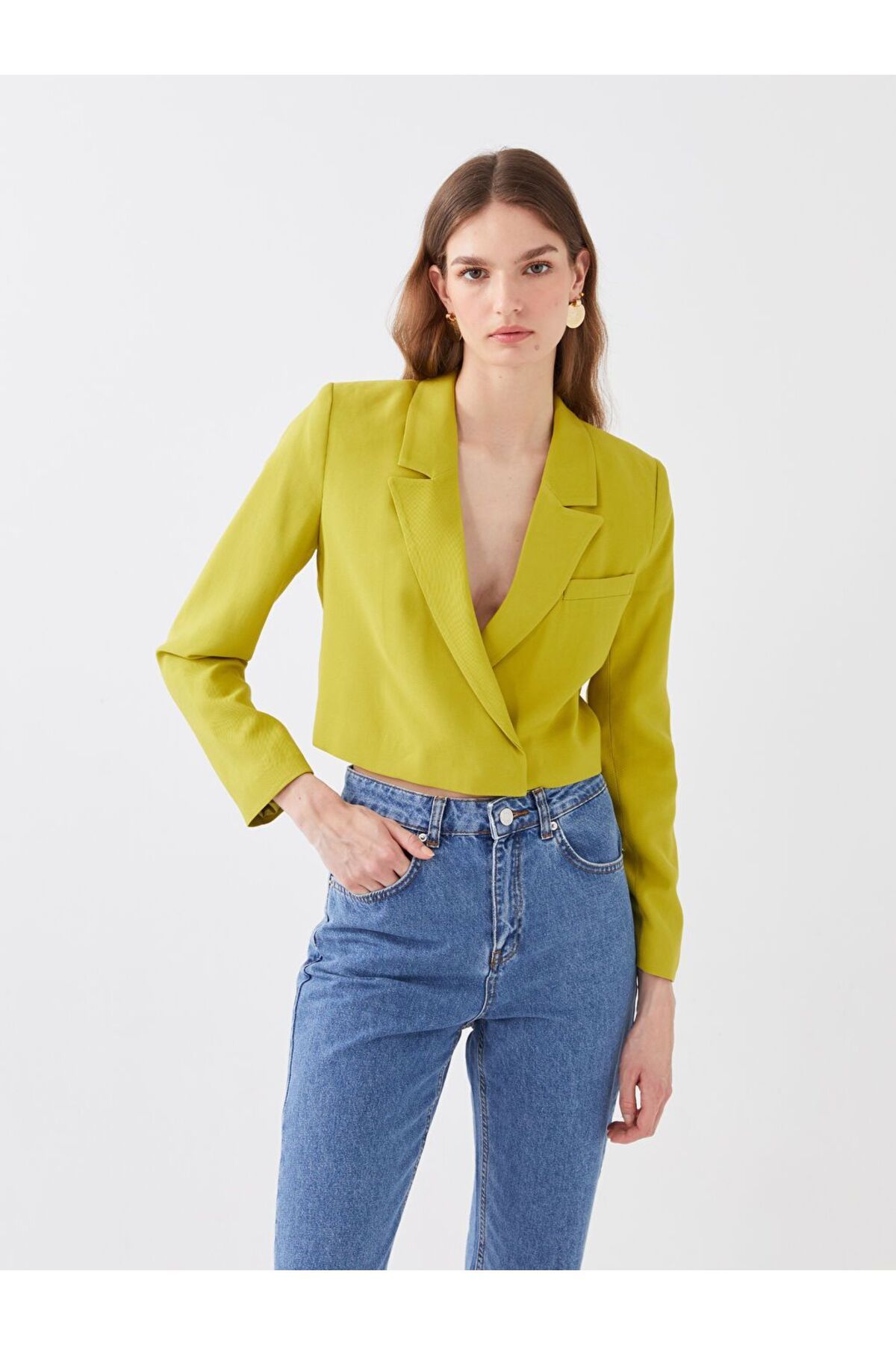 LC Waikiki Yeşil Düz Uzun Kollu Crop Kadın Blazer Ceket