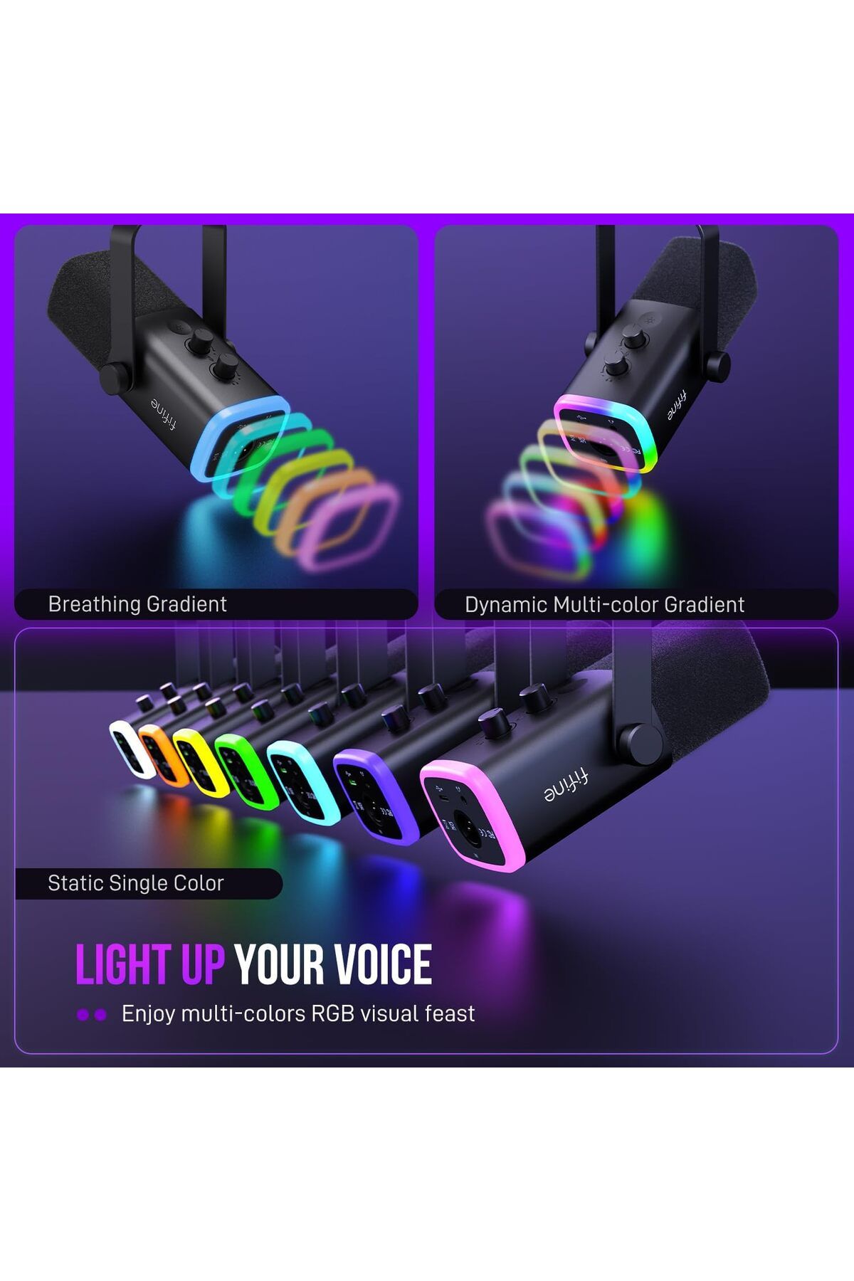 Fifine-ميكروفون ديناميكي XLR/USB لتسجيل البودكاست، وميكروفون بث ألعاب الكمبيوتر الشخصي مع RGB L 9