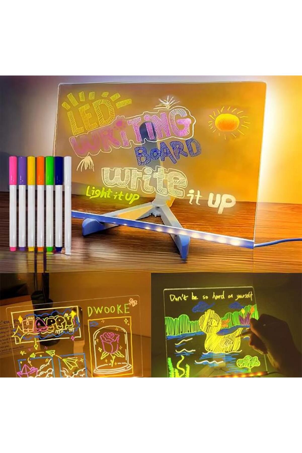 SUNUP SN-27126 Dekoratif LED Aydınlatmalı Şeffaf Işıltılı Yazı - Çizim Panosu Tableti - 7 Renk Kalem