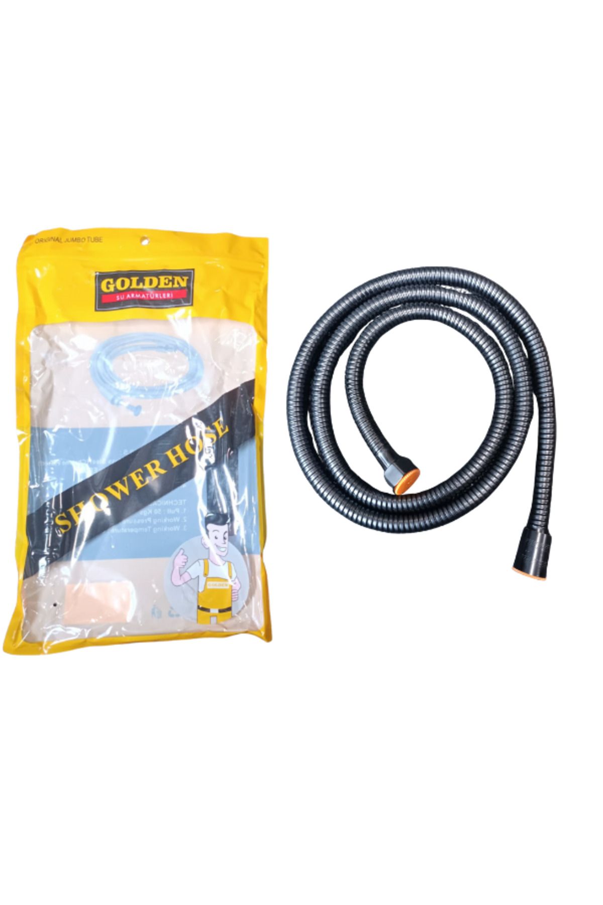 Golden Siyah Duş Hortumu – 150 cm, Paslanmaz Çelik, Pirinç Uçlu, EPDM İç Hortum, Yüksek Dayanımlı