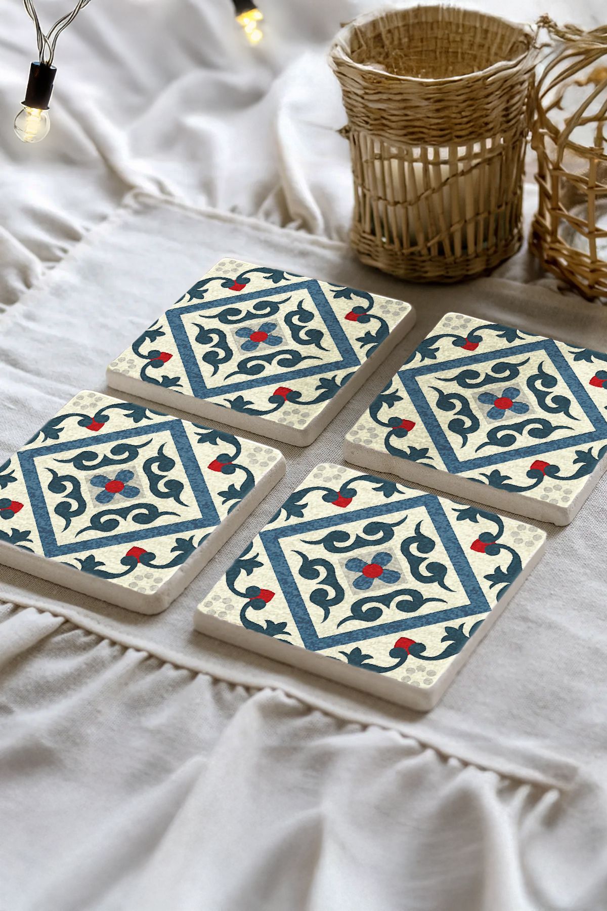 Sionar Gölge Motifi Mozaik Desenleri Taş Traverten Fincan Bardak Altlığı 4'lü Set 10x10x1cm