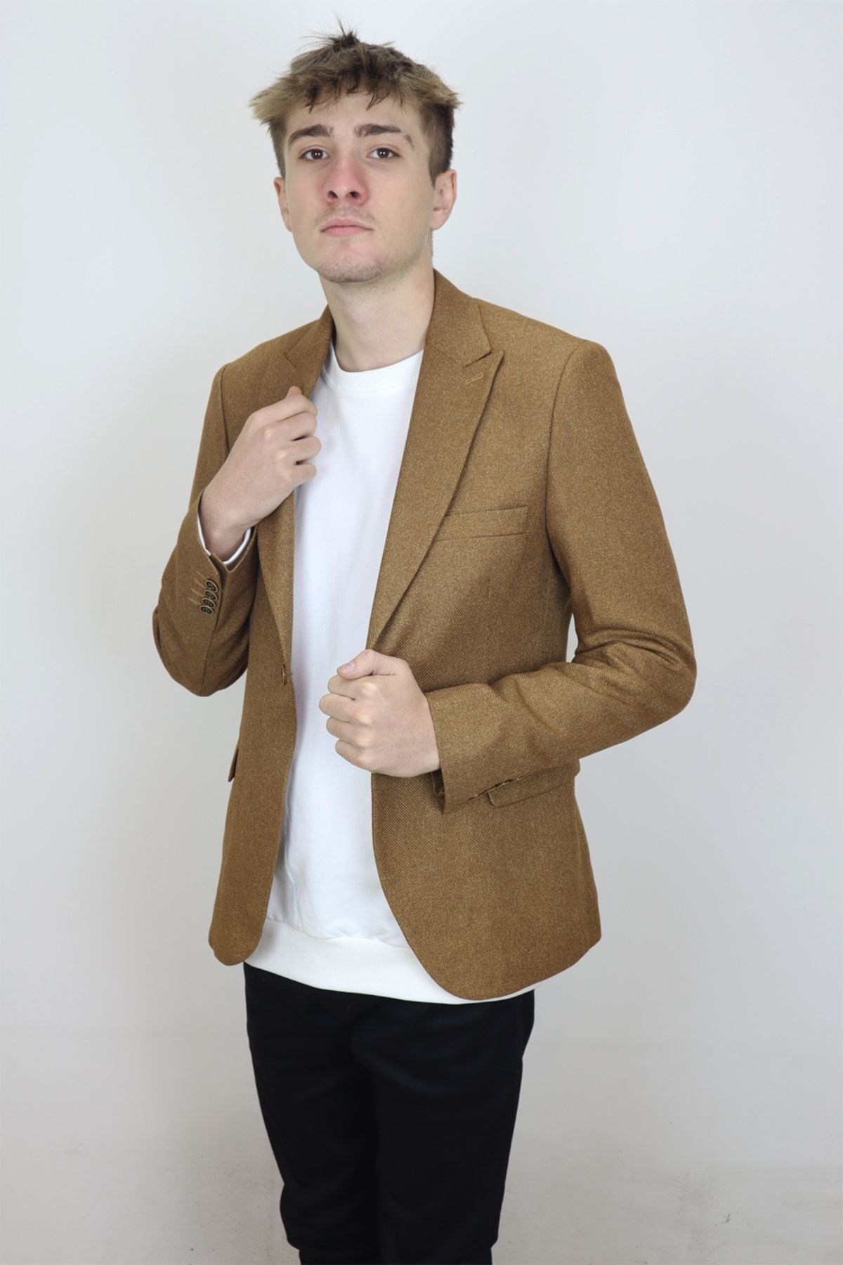 DUAYEN DMC TEKSTİL Erkek Camel İtalyan Kesim Dar Kalıp Tek Düğme Yazlık Blazer Ceket
