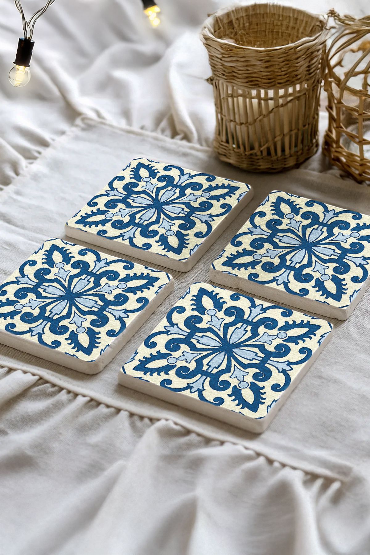 Sionar Fesleğen Taşı Mozaik Desenleri Taş Traverten Fincan Bardak Altlığı 4'lü Set 10x10x1cm