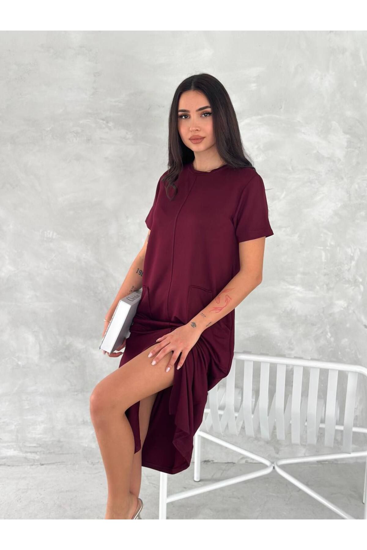 Bella Breeze Kadın Cepli Kısa Kollu Regular Kesim Yırtmaçlı Elbise