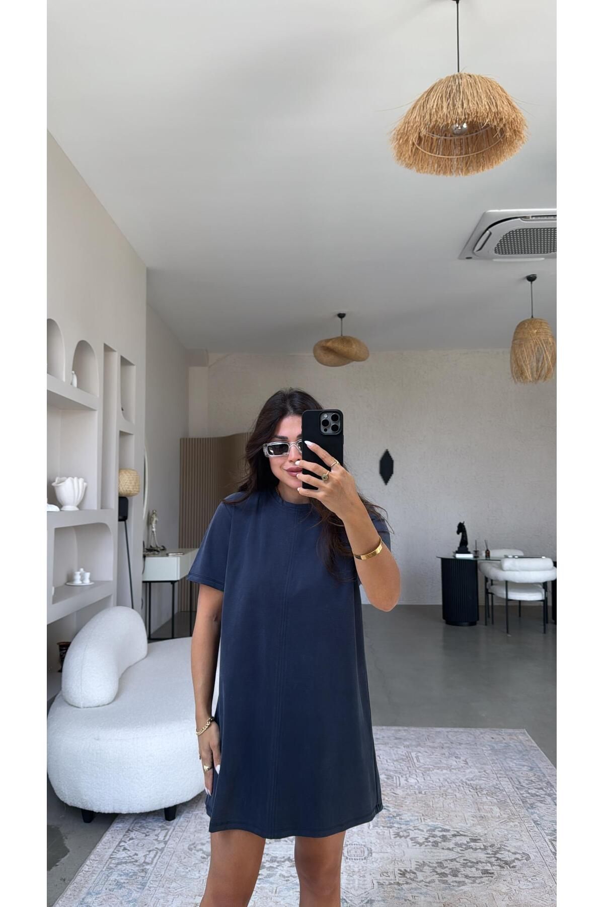 Buket Teke Lacivert Yıkamalı Mini Elbise