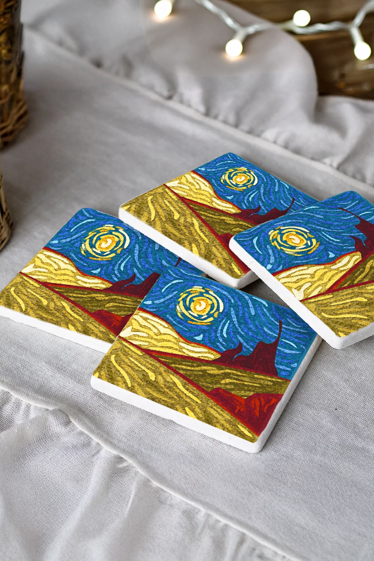 Sionar Starry Night Mozaik Desenleri Taş Traverten Fincan Bardak Altlığı 4'lü Set 10x10x1cm