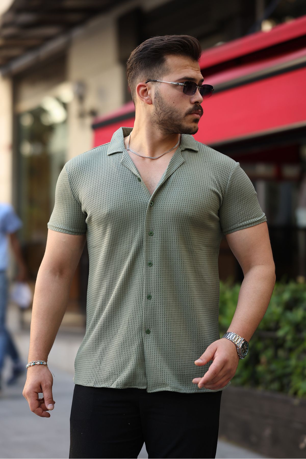 REFRESH Style Erkek Haki Apaş Yaka Kısa Kollu Gömlek