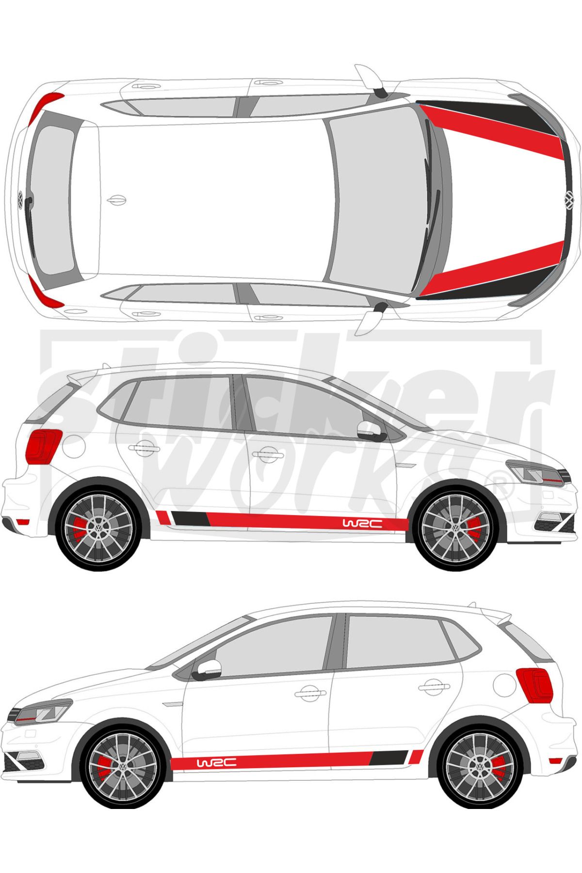 Sticker Works Vw Polo Wrc Sticker Seti - WRC Kaput Şerit - WRC Yan Şerit