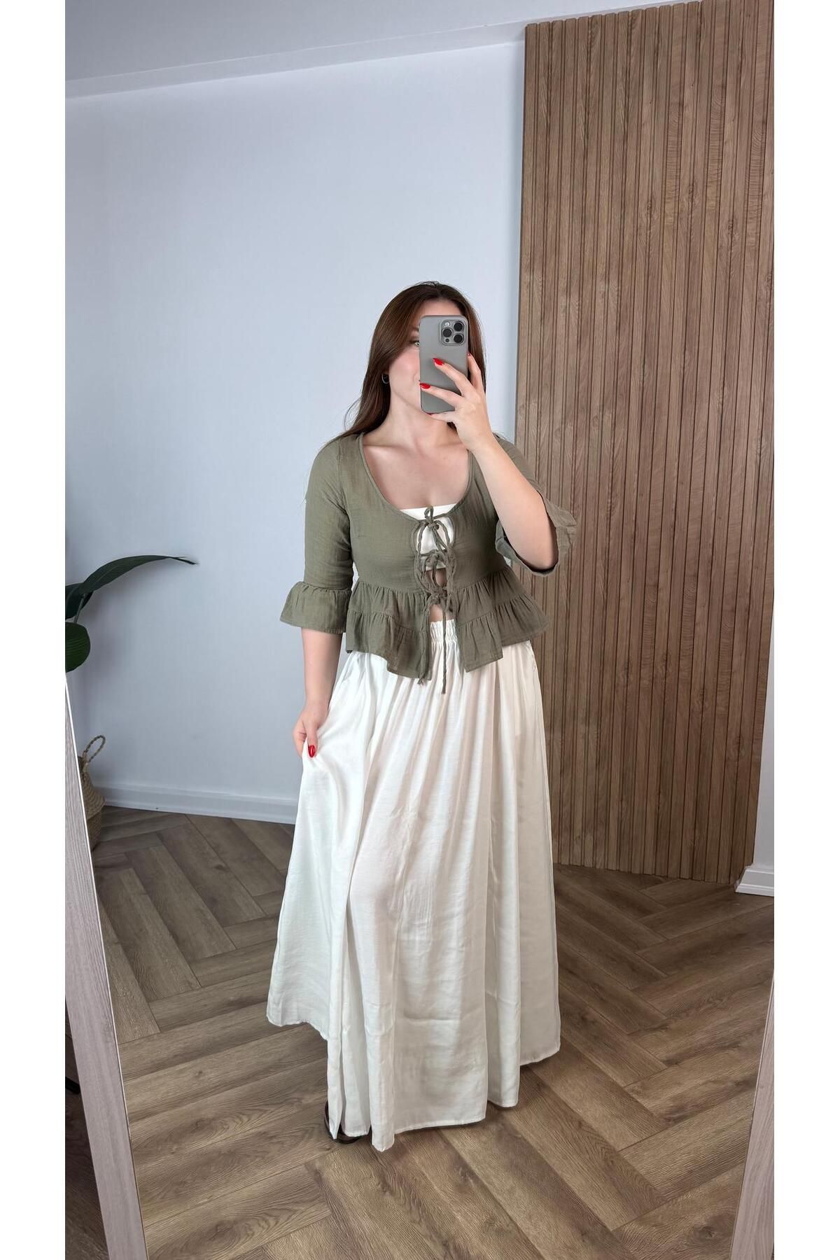 songül özdeş Yeni Sezon Bağlamalı Crop Yarım Kol Bluz