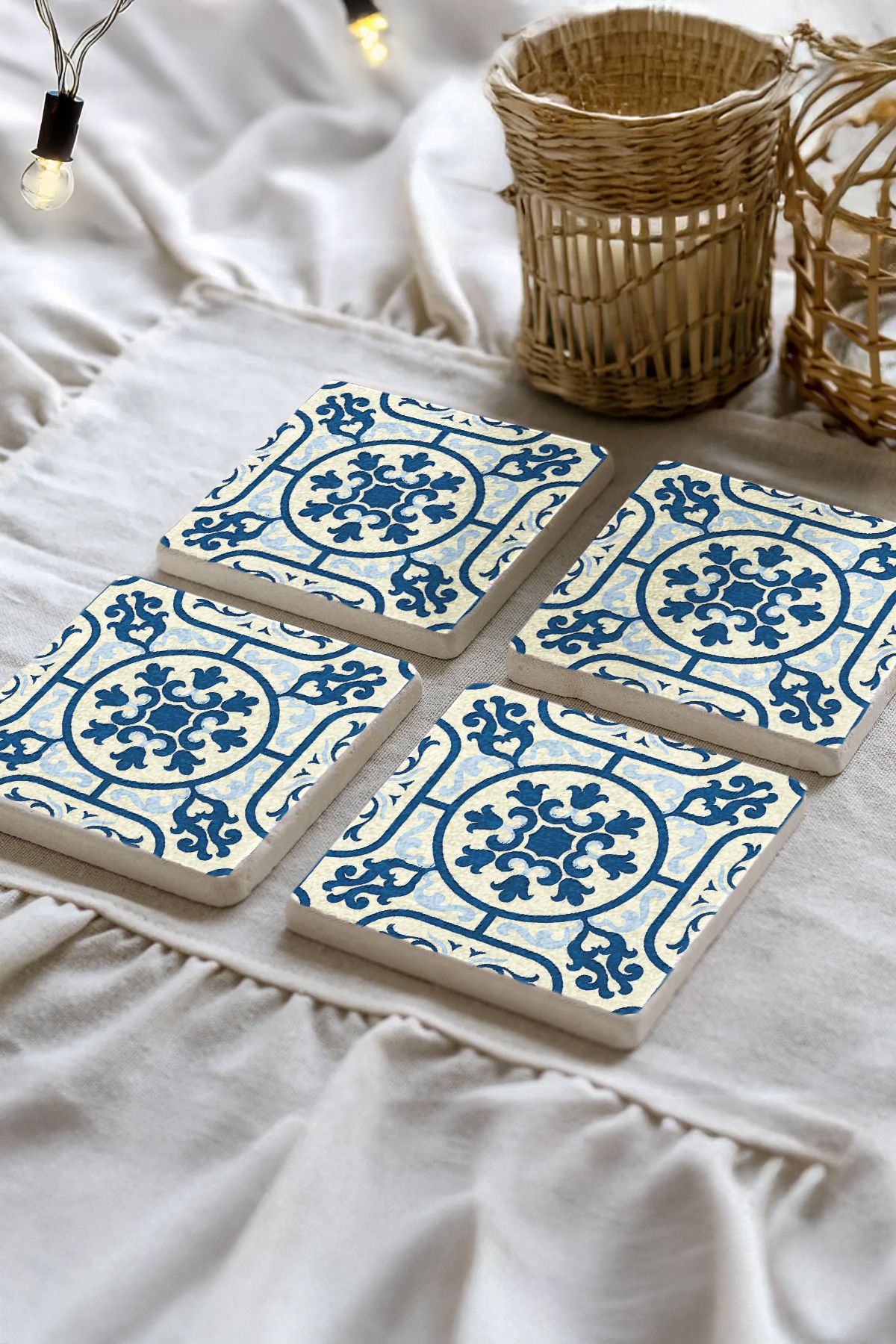 Sionar Tarihin Nefesi Mozaik Desenleri Taş Traverten Fincan Bardak Altlığı 4'lü Set 10x10x1cm