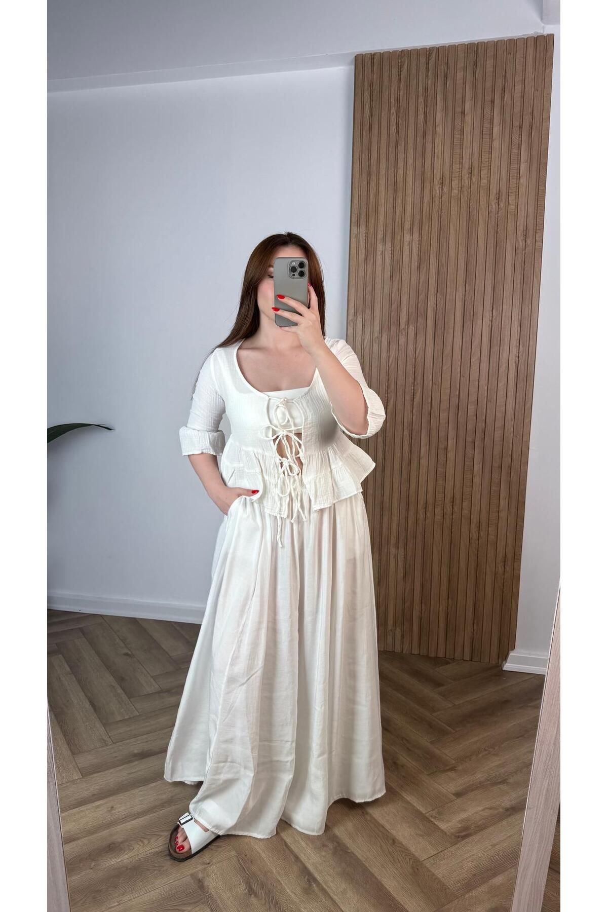 songül özdeş Yeni Sezon Bağlamalı Crop Yarım Kol Bluz