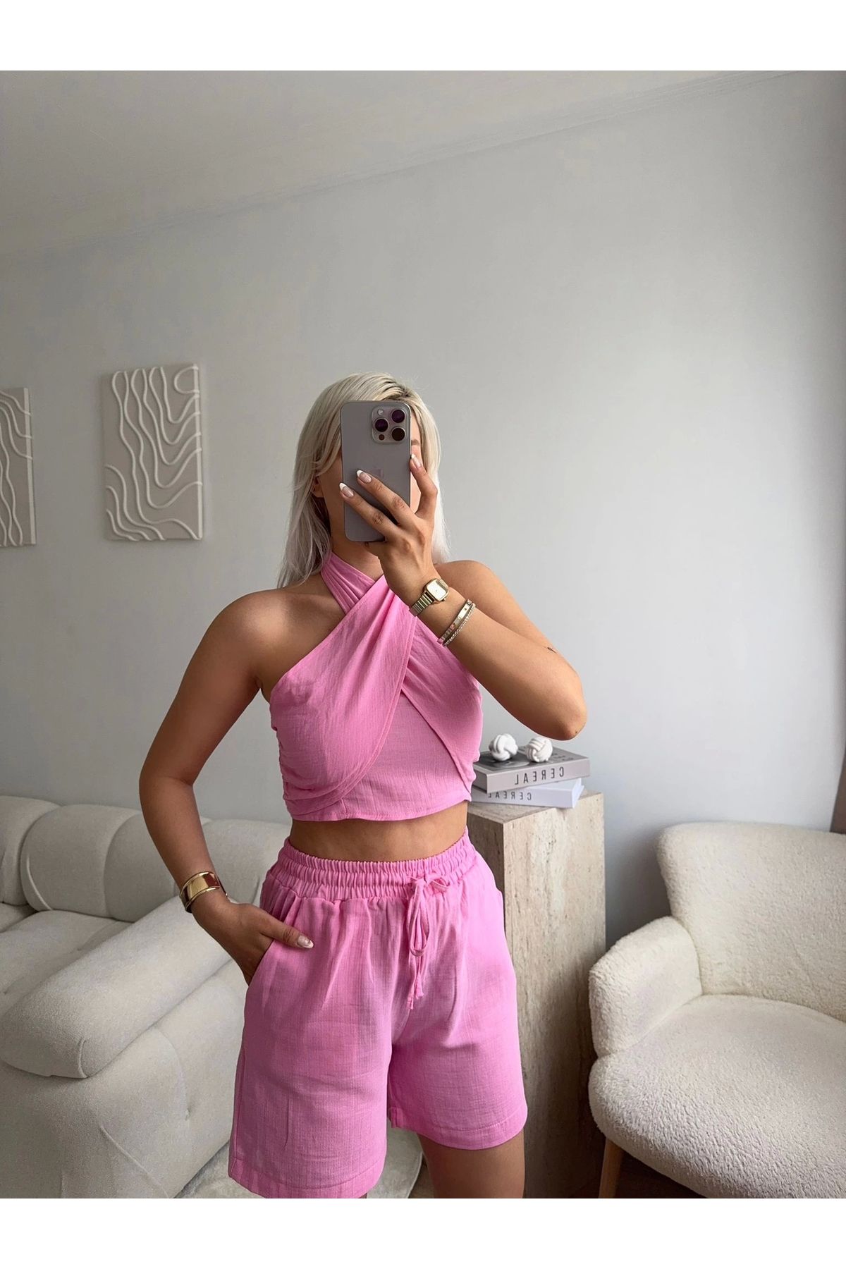 Zora Butik Halter Şortlu İkili Takım - PEMBE