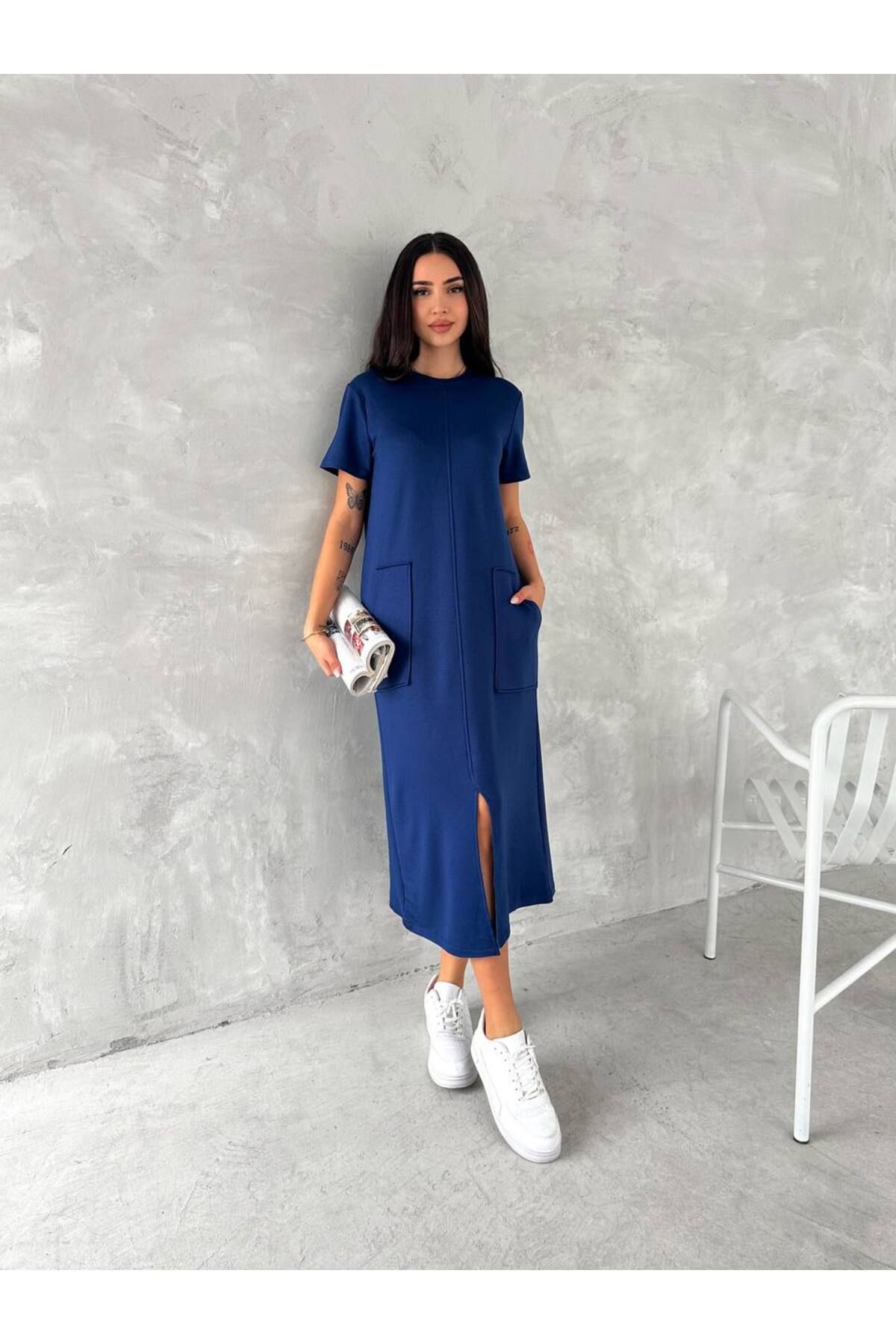 Bella Breeze Kadın Cepli Kısa Kollu Regular Kesim Yırtmaçlı Elbise