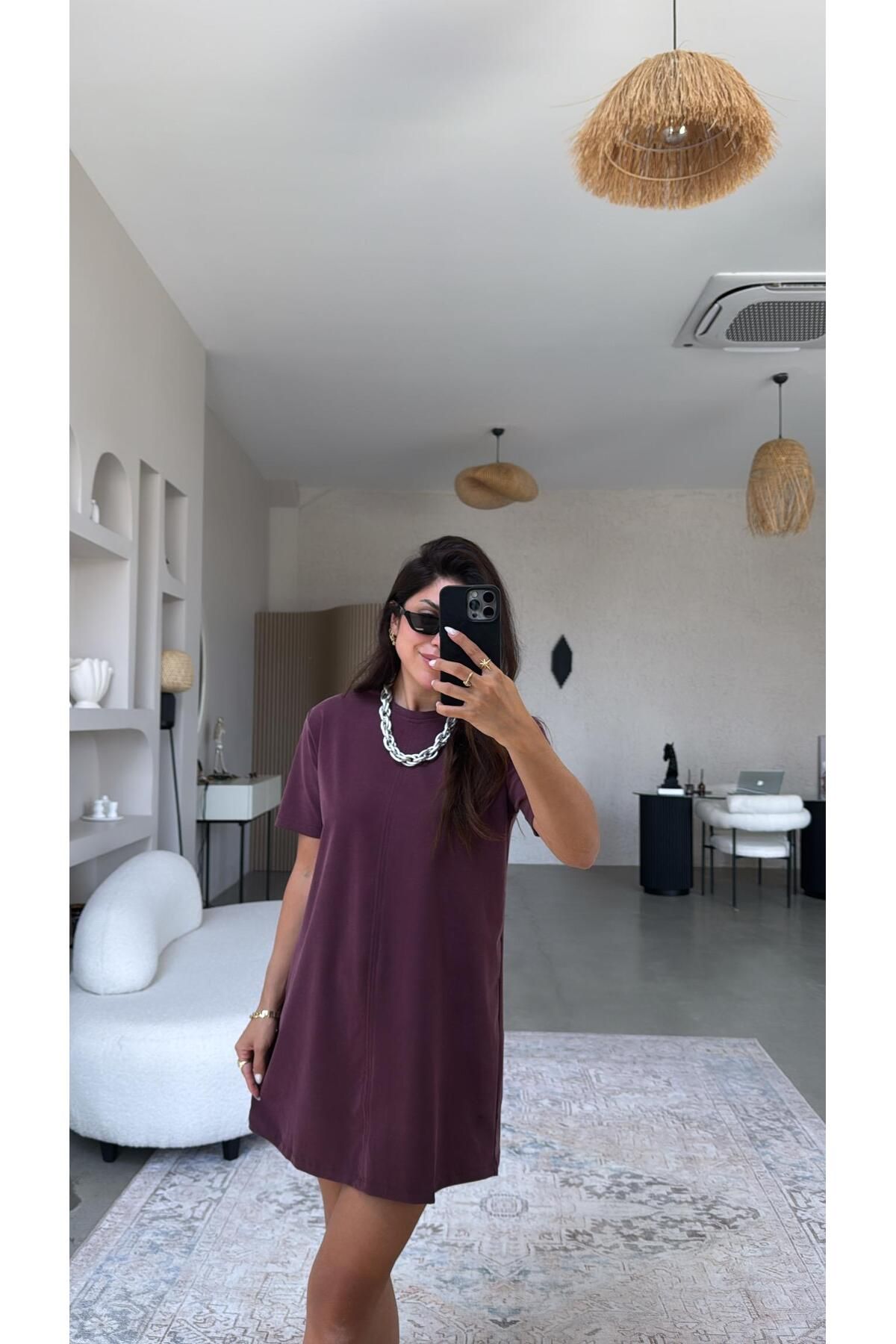 Buket Teke Mürdüm Yıkamalı Mini Elbise
