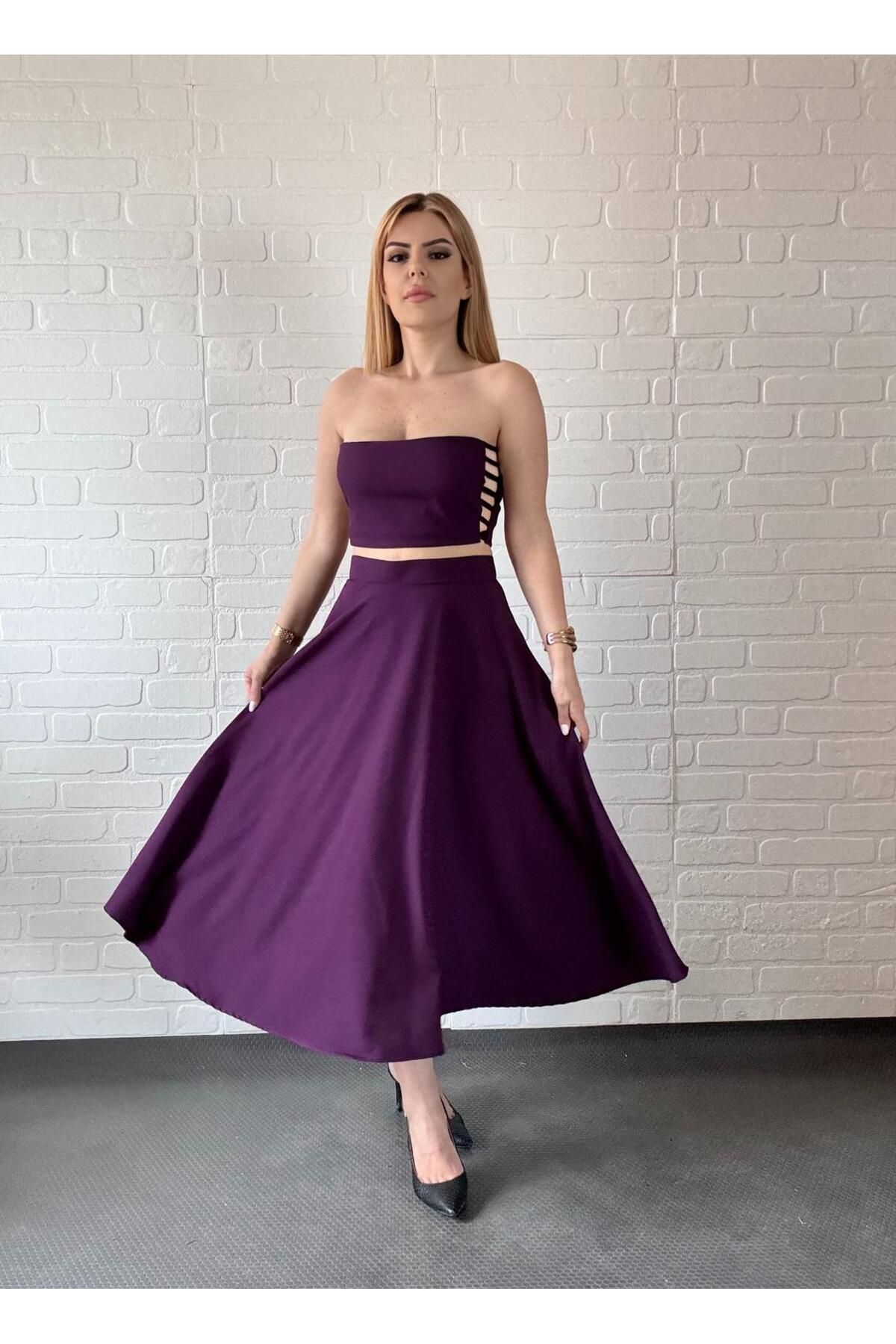 By Sümeyra Gültekin Kloş Etek Straplez bluz Mor İkili Takım