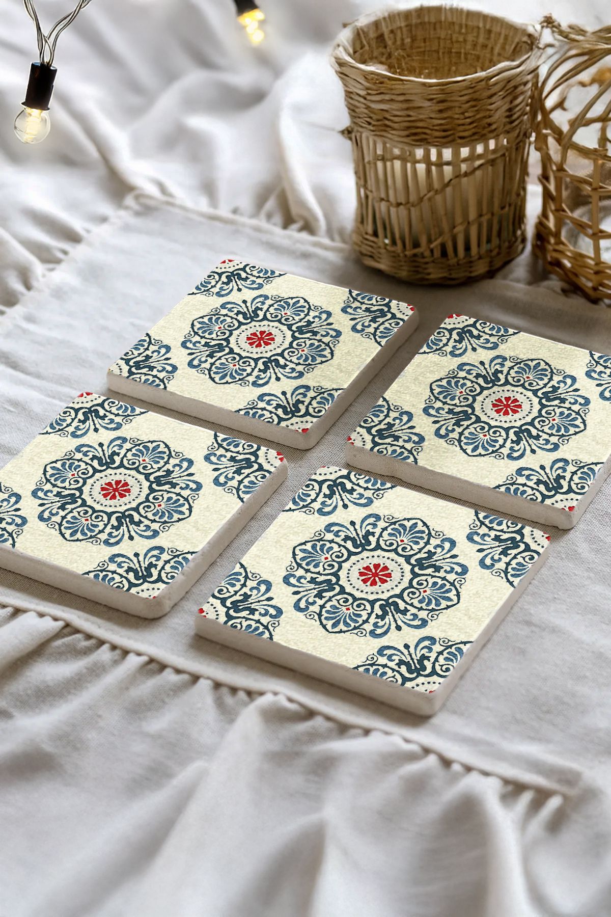 Sionar Nivarha Mozaik Desenleri Taş Traverten Fincan Bardak Altlığı 4'lü Set 10x10x1cm