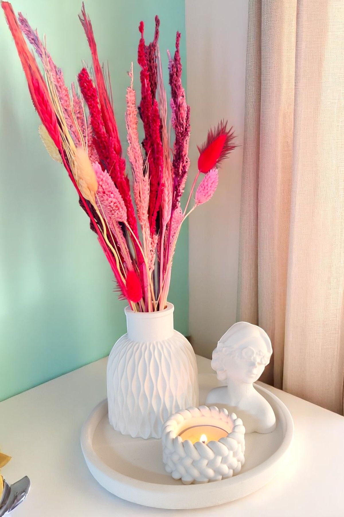 BESAGU HOME Dekoratif 4 Parça Vazo Seti - Vazo, Yuvarlak Tepsi, Tealight Mumluk, Dekoratif Kız