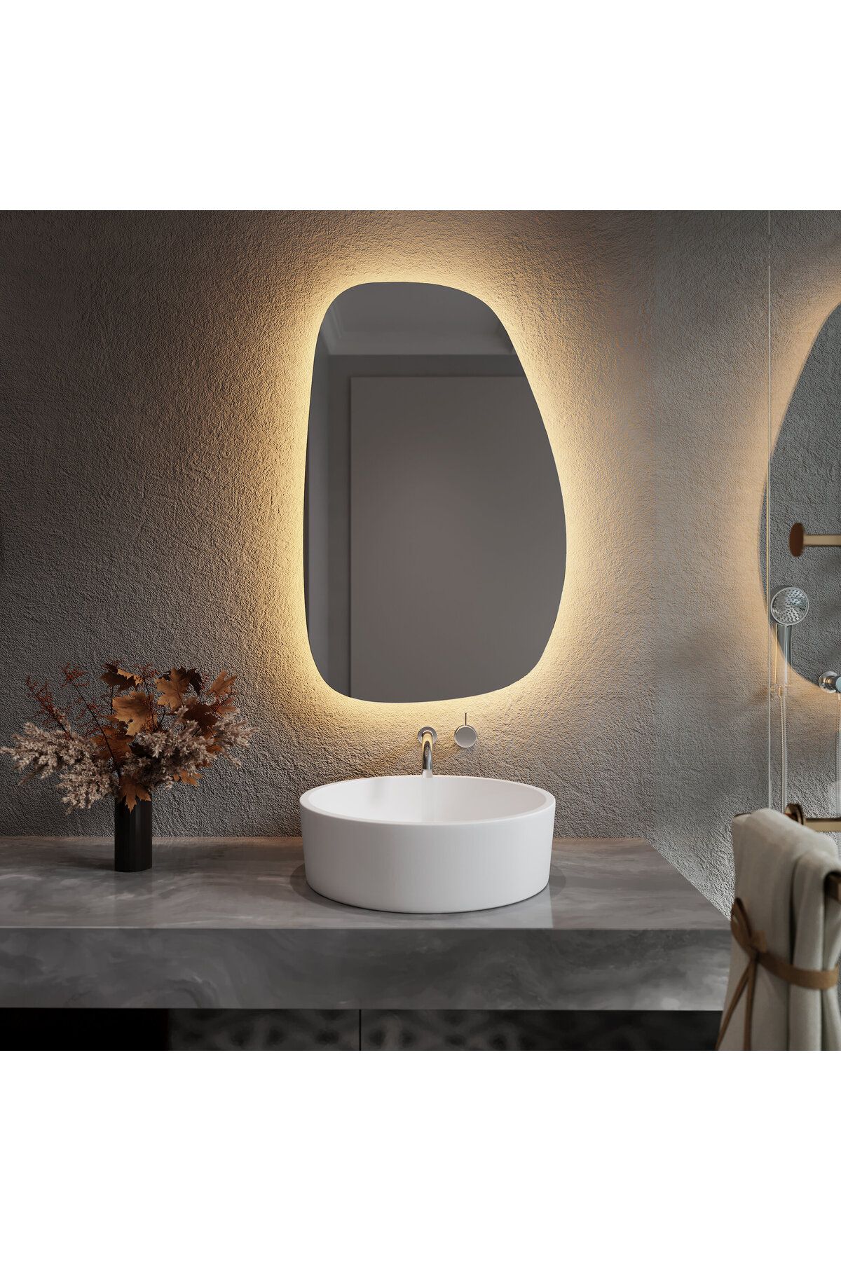 Aypars Atölye 50x80 Asimetrik LED Ayna – Gün Işığı ve Beyaz Işıklı Giriş Koridor Aynası, Modern Organik Tasarım