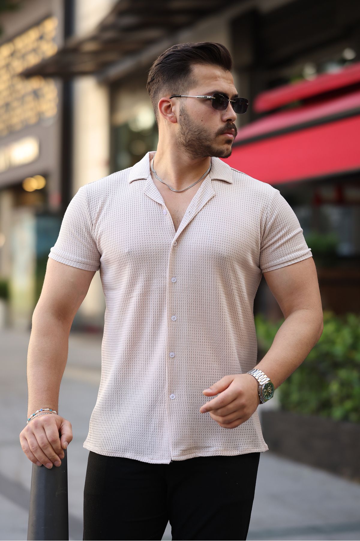 REFRESH Style Erkek Bej Apaş Yaka Kısa Kollu Gömlek