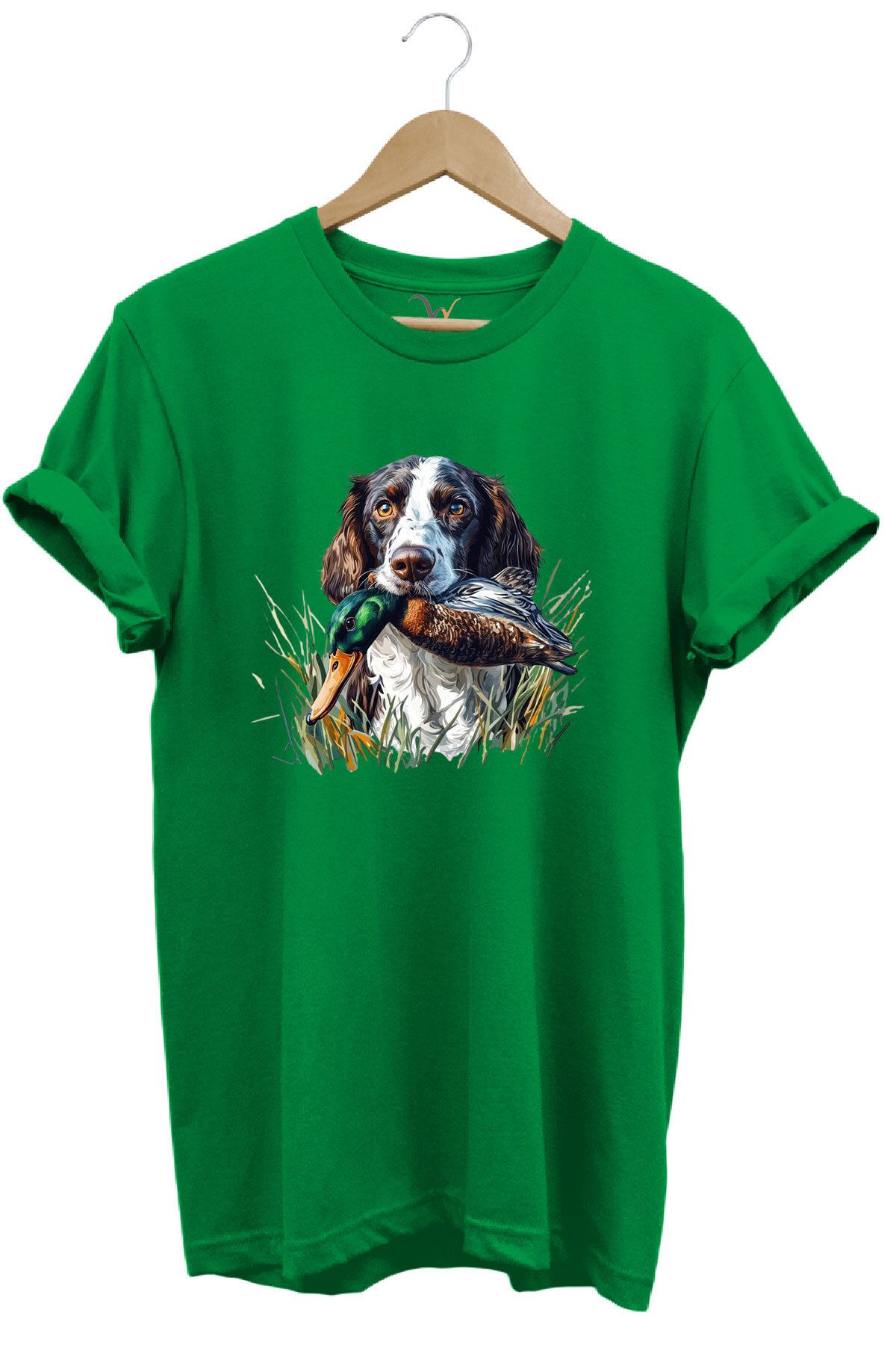 WİDİ Avcılık Av Köpeği ve Ördek Baskılı %100 Pamuk Regular Fit Bisiklet Yaka Premium T-Shirt