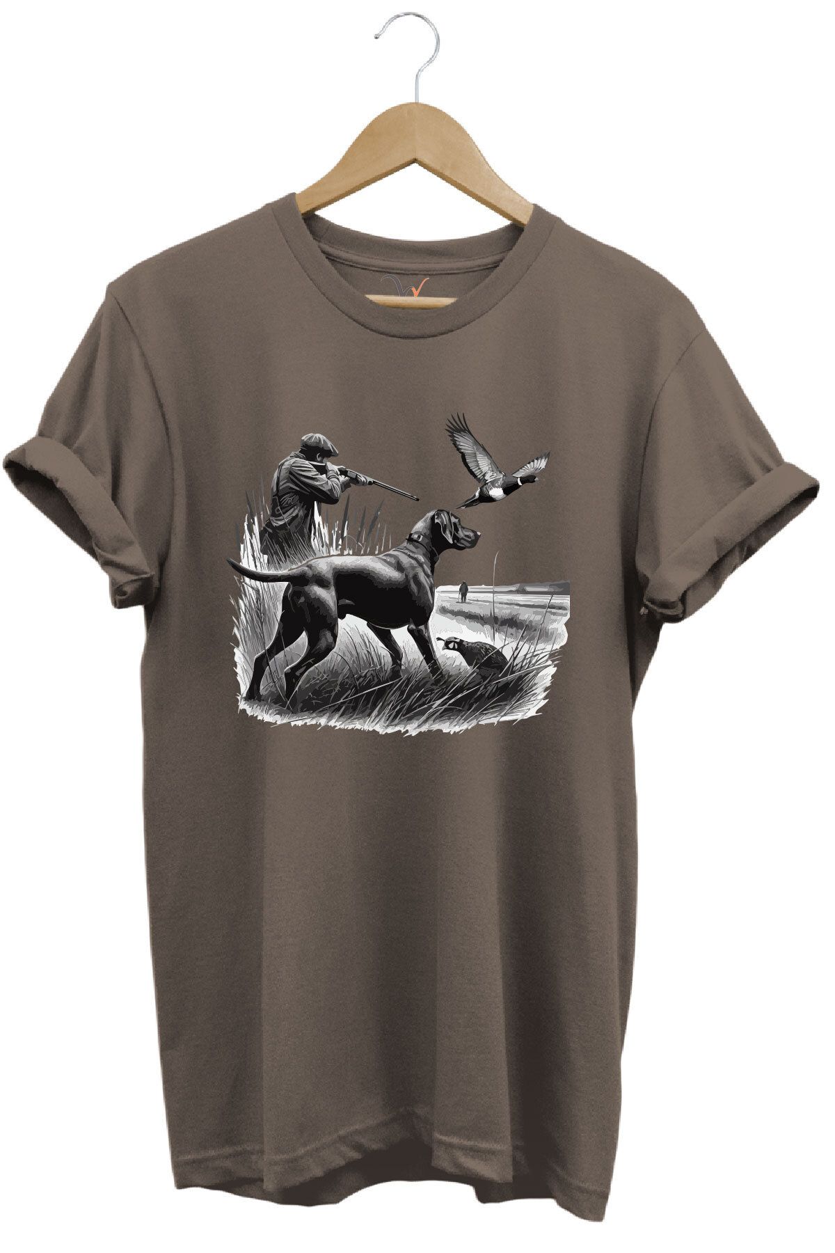 WİDİ Avcılık Temalı Kuş Avı ve Av Köpeği Baskılı %100 Pamuk Regular Fit T-Shirt