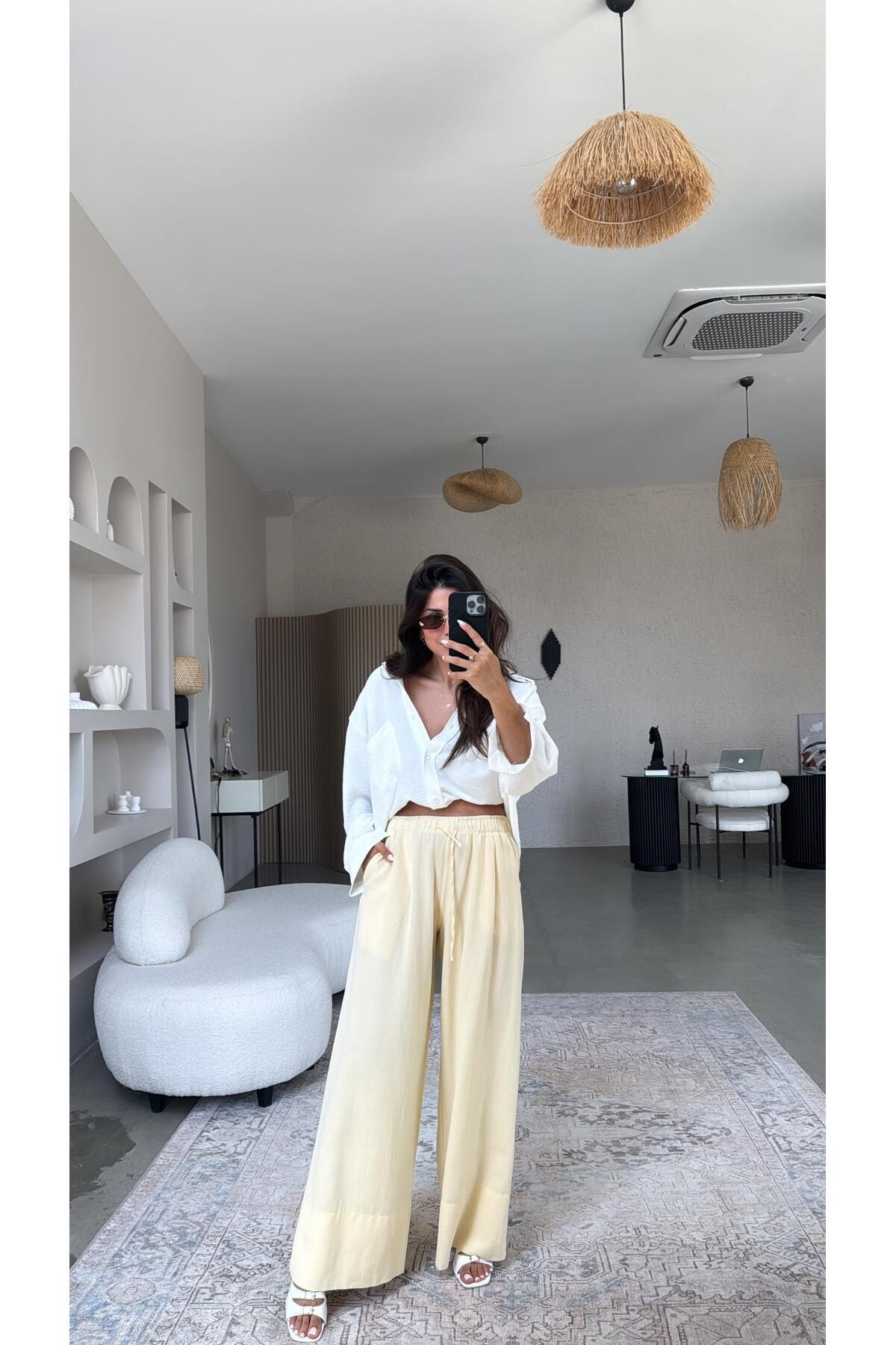 Buket Teke Sarı Basic Keten Pantolon
