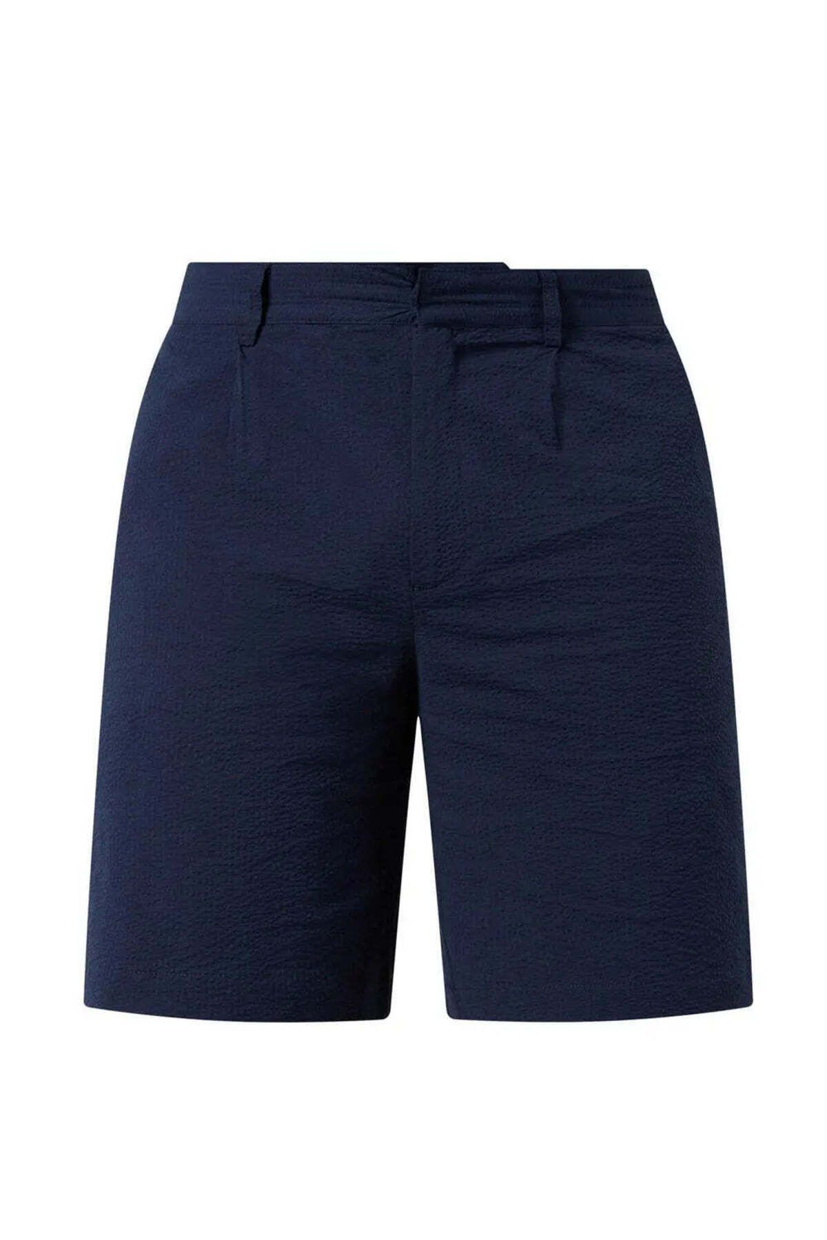 American Rag Cie Linton Pleat Şort - Konforlu İletişim, Navy Seersucker Dokuma (SS24)