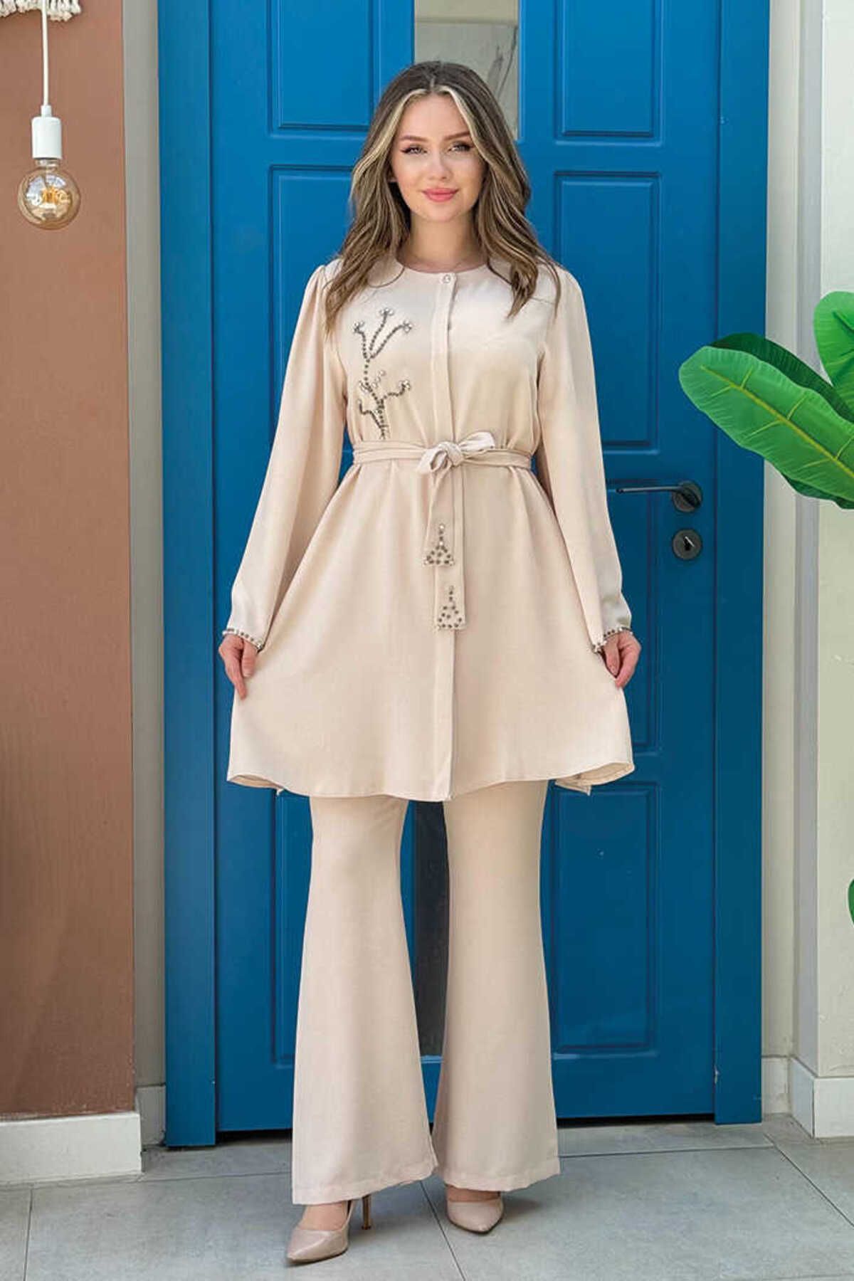 BYM Taş İşleme Detaylı Kuşaklı Tunik ve Pantolonlu Takım 8432 Taş