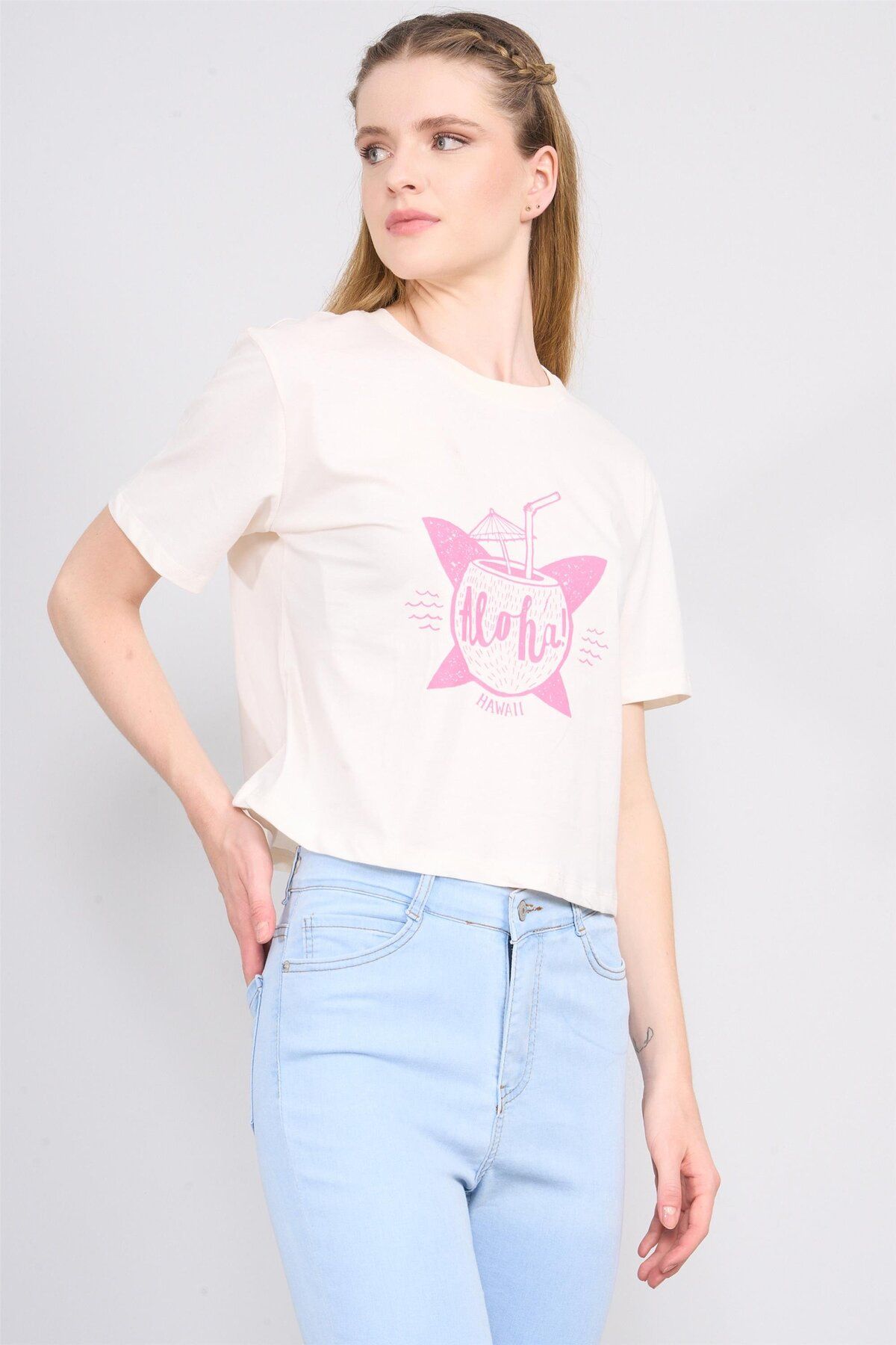 FİTHİT Çetinkaya Fithit 8378 Bisiklet Yaka 30/1 Penye Crop T-shirt Krem