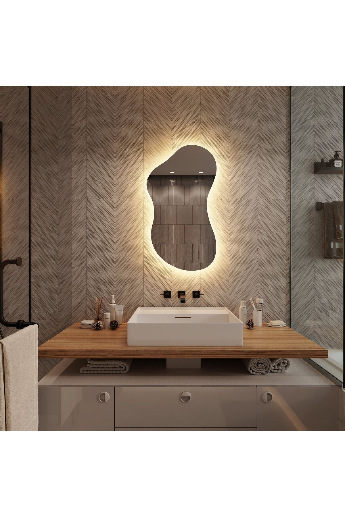 Aypars Atölye 50x90 Asimetrik LED Banyo Aynası – Gün Işığı& Beyaz Işıklı Modern Ayna, Dekoratif Flotal Cam Tasarım